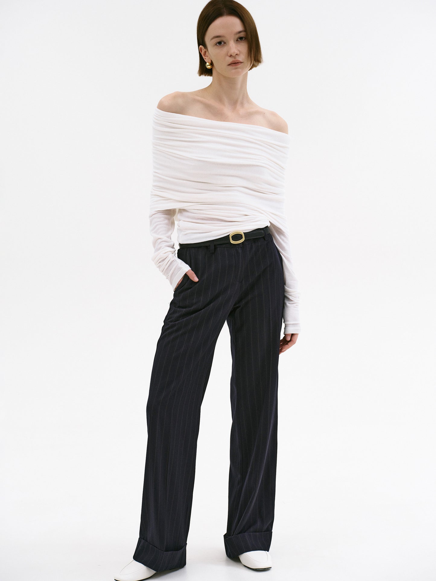 Tailored Turn-Up Trousers, Navy Pinstripe