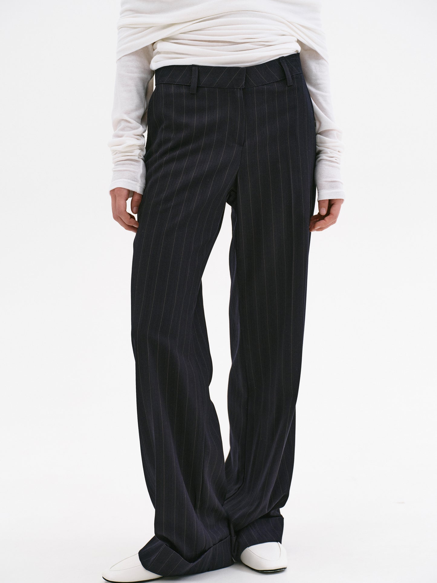 Tailored Turn-Up Trousers, Navy Pinstripe