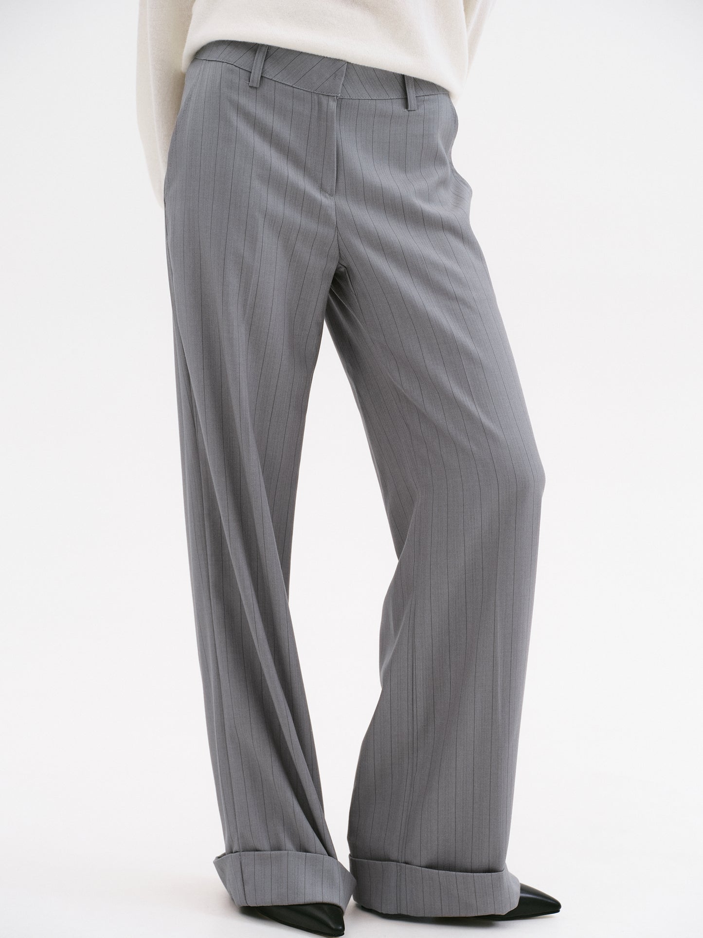 Tailored Turn-Up Trousers, Grey Pinstripe