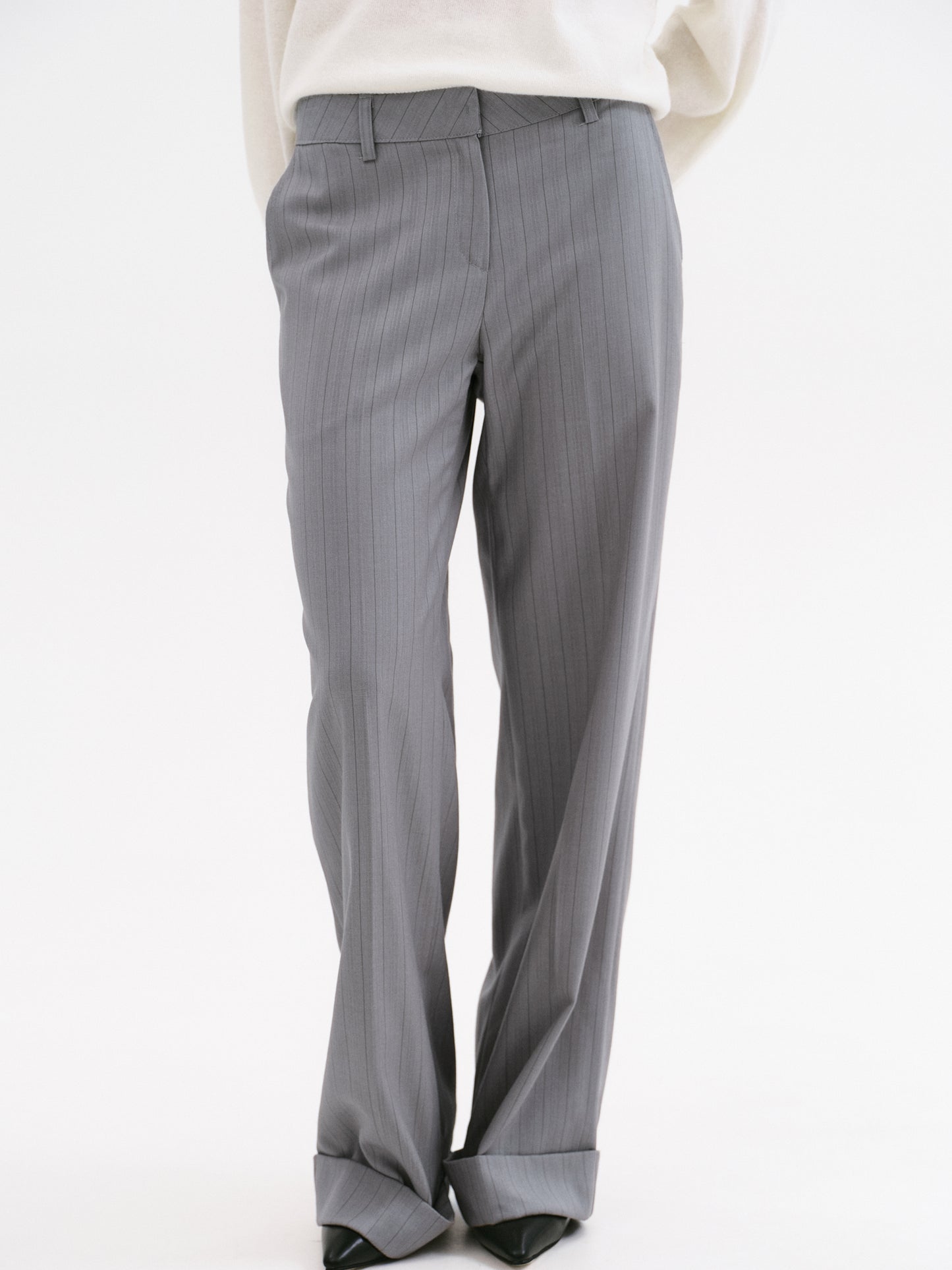 Tailored Turn-Up Trousers, Grey Pinstripe