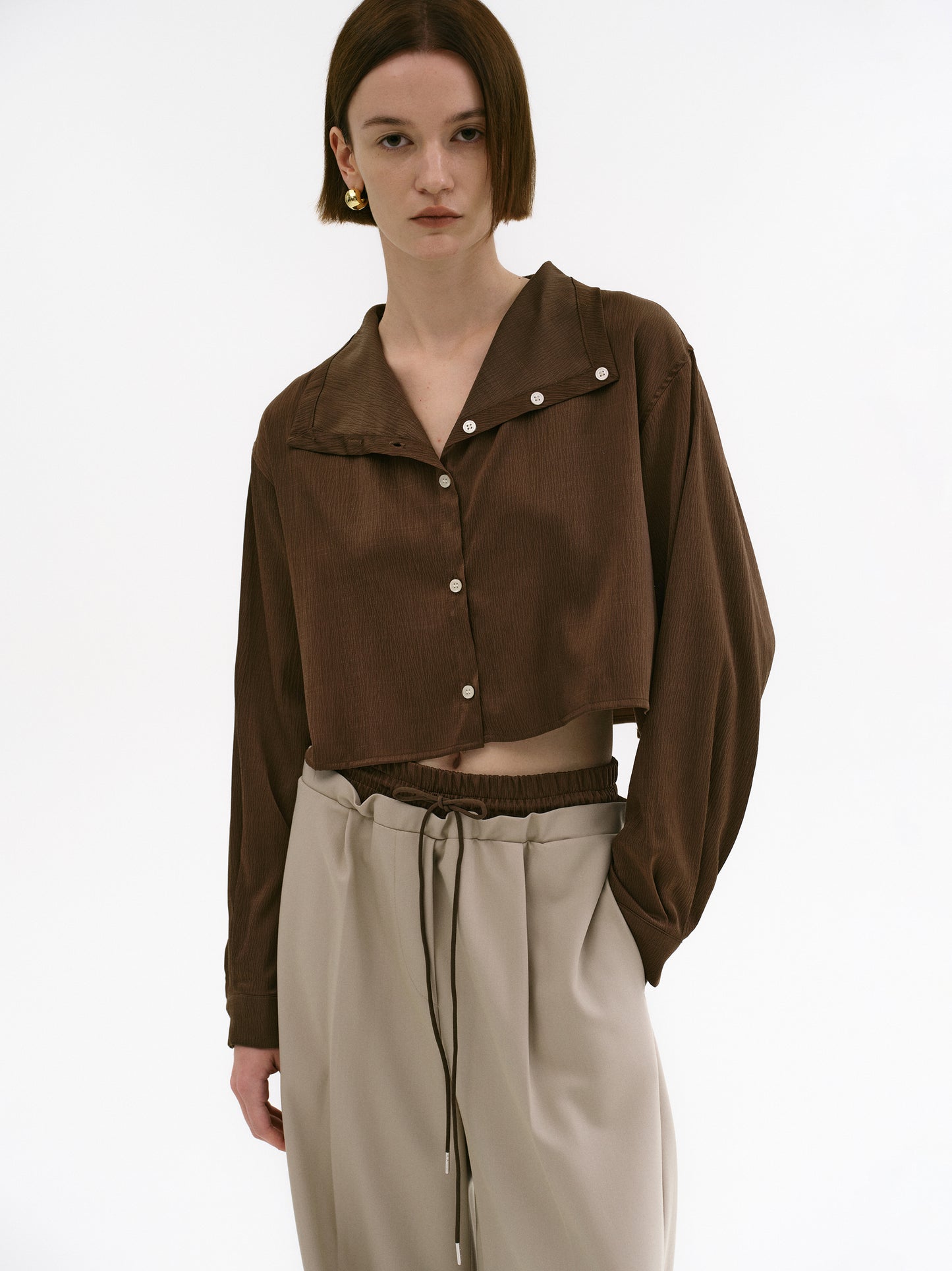 Foldover Button Blouse, Brown