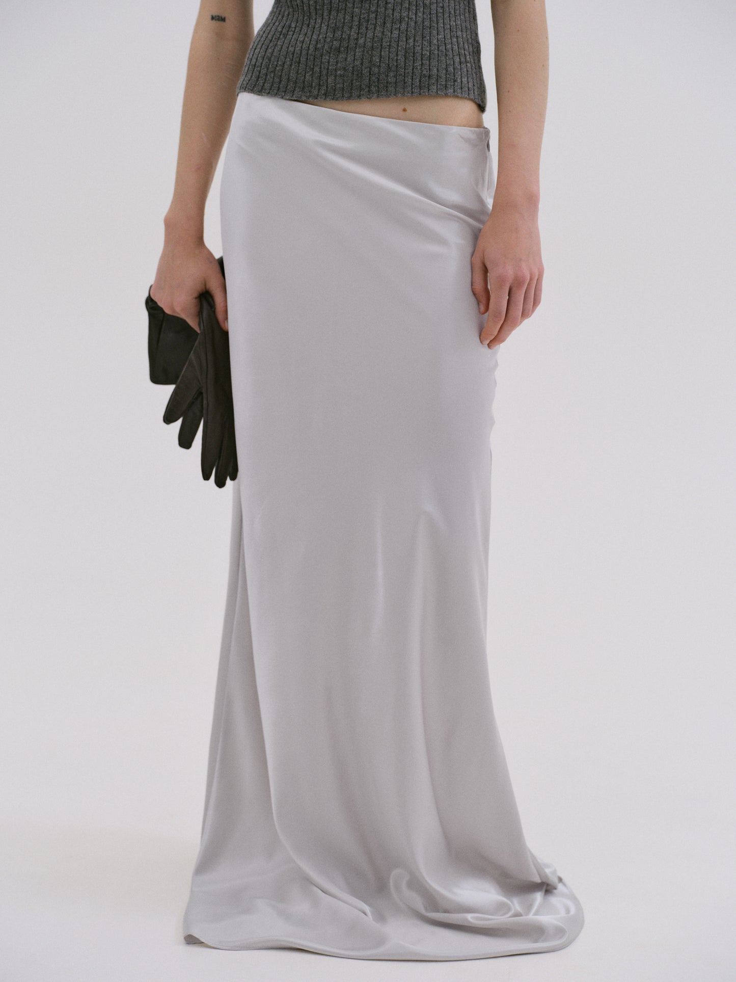 Satin Straight Maxi Skirt, Silver