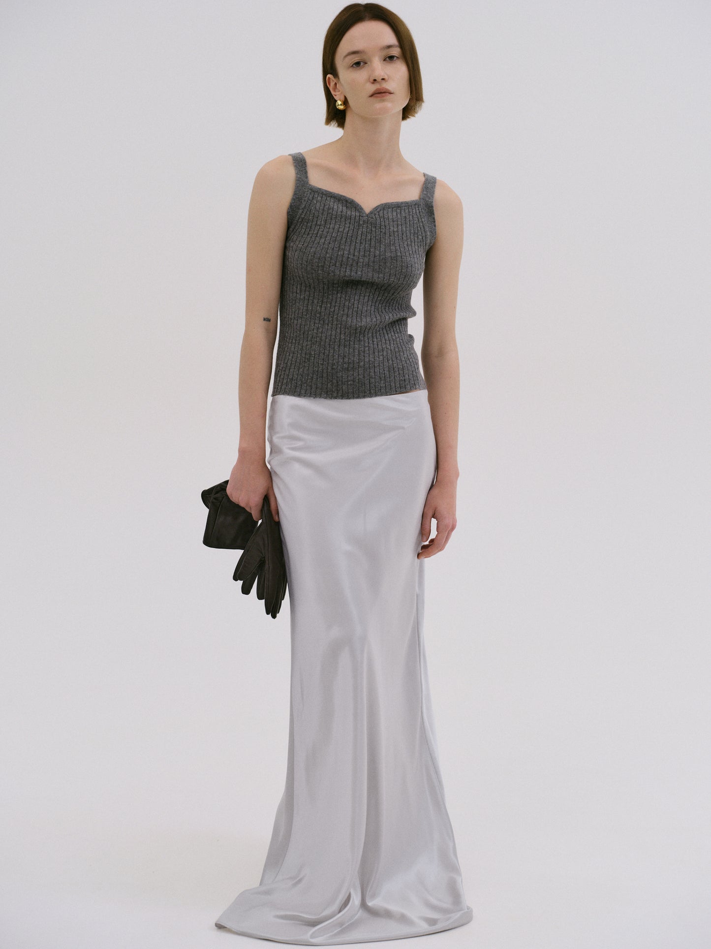 Satin Straight Maxi Skirt, Silver