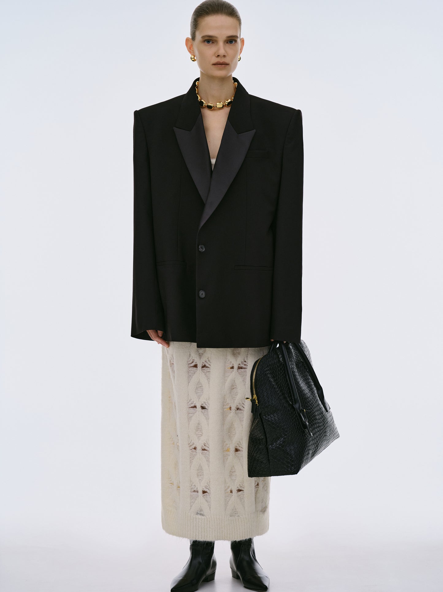 Oversized Satin Lapel Blazer, Black