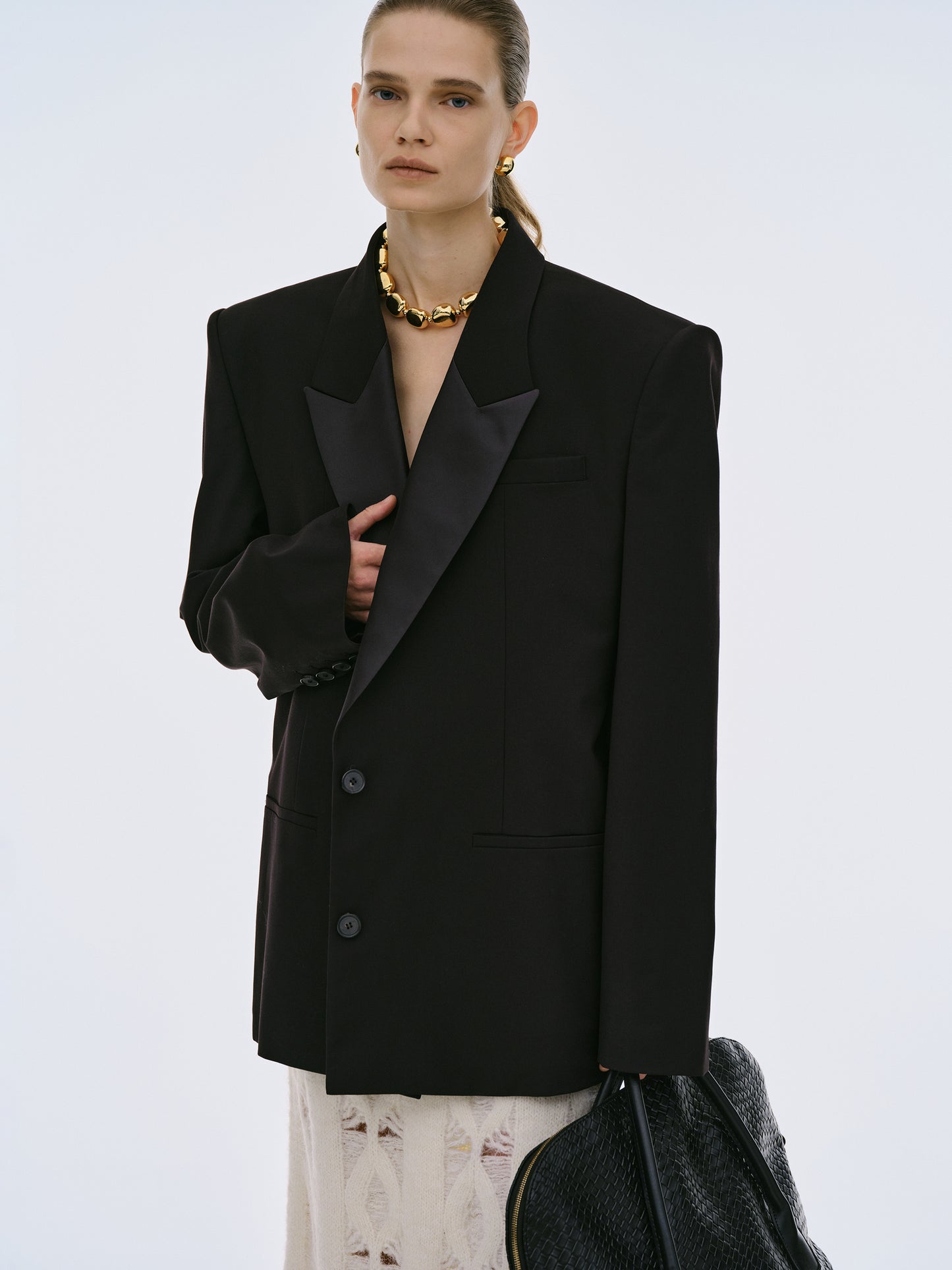 Oversized Satin Lapel Blazer, Black