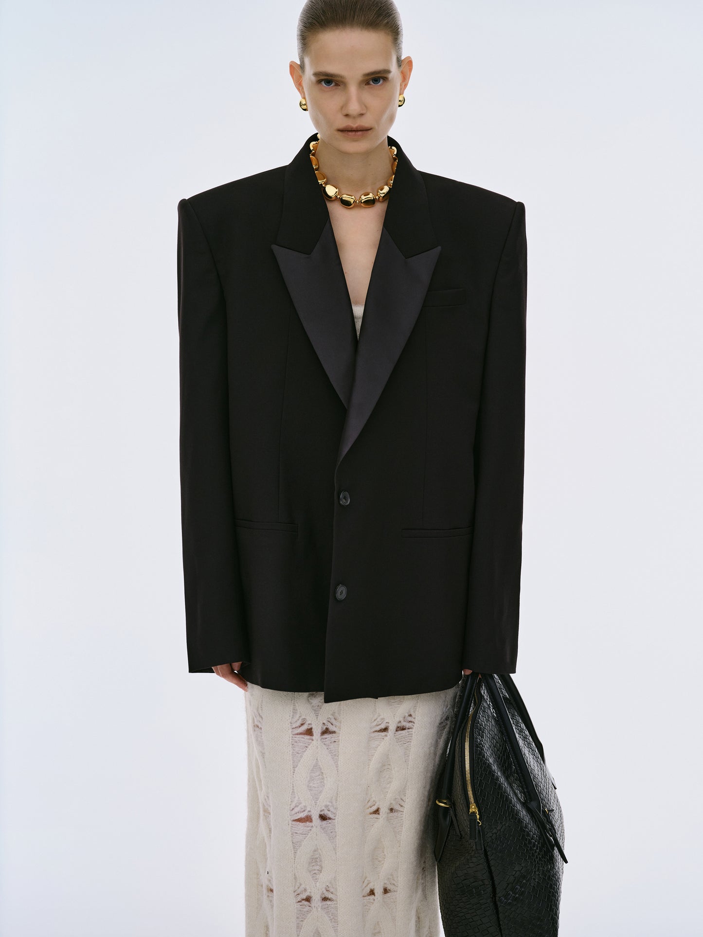 Oversized Satin Lapel Blazer, Black