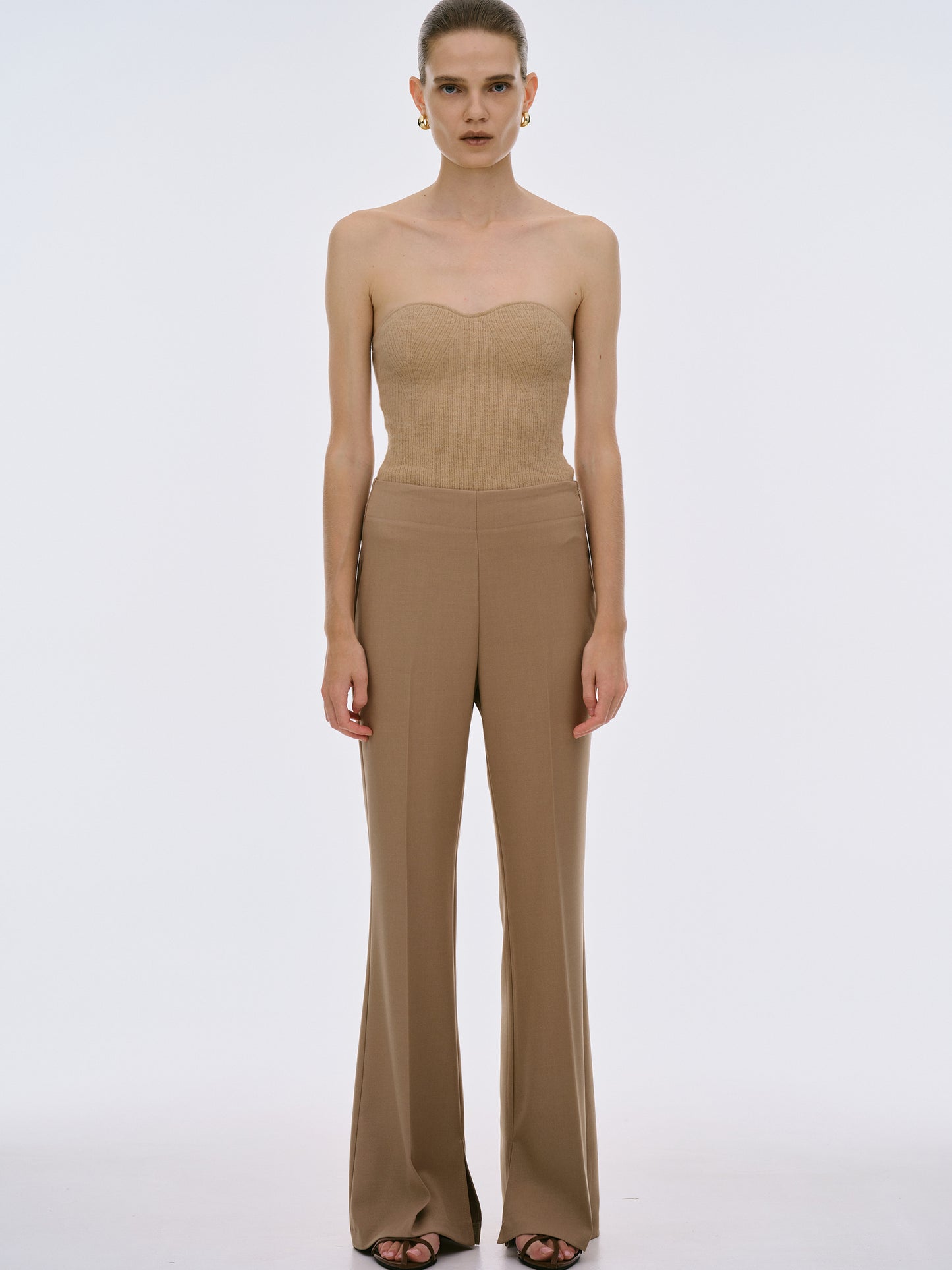 Slit Hem Flared Trousers, Mocha