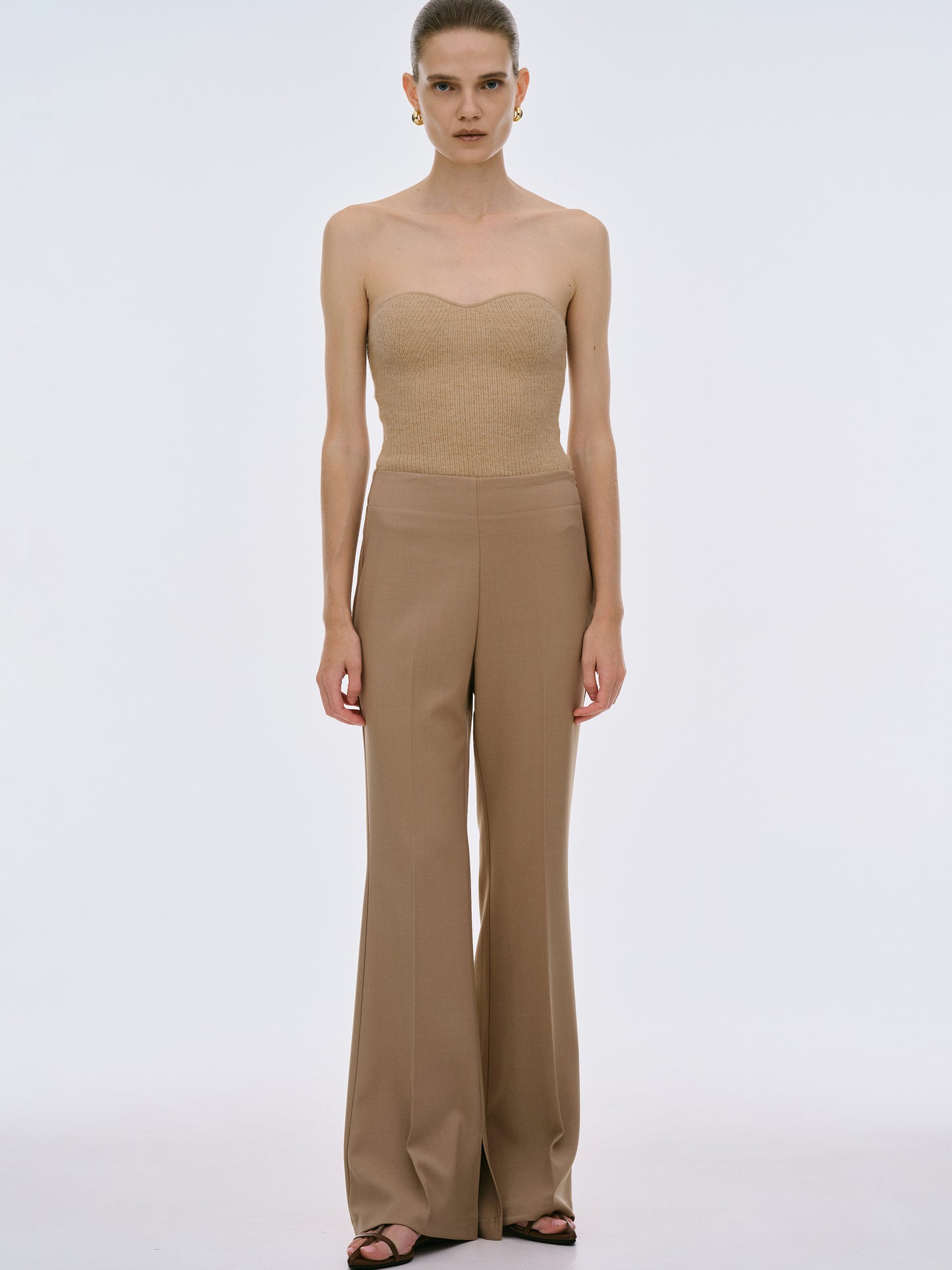 Slit Hem Flared Trousers, Mocha
