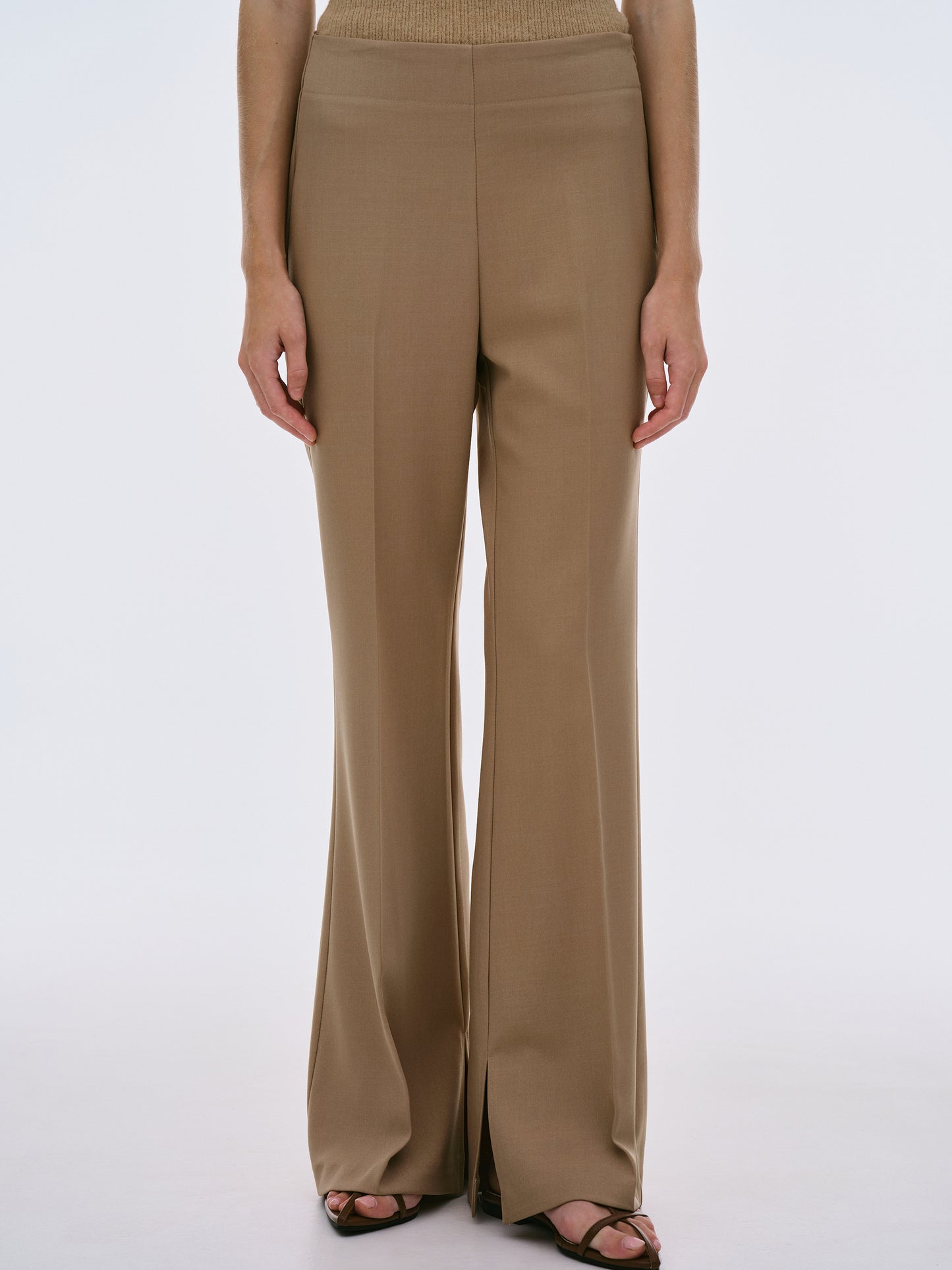Slit Hem Flared Trousers, Mocha