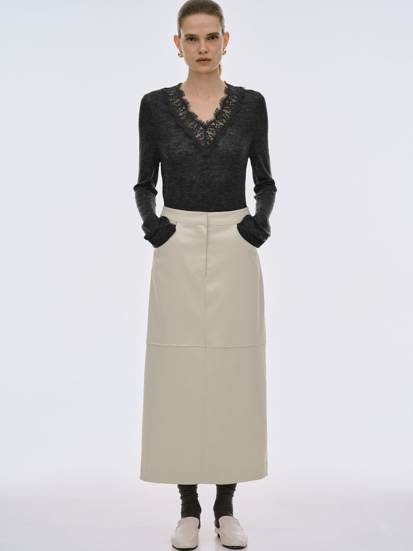 Satin-Effect Panelled Skirt, Shell