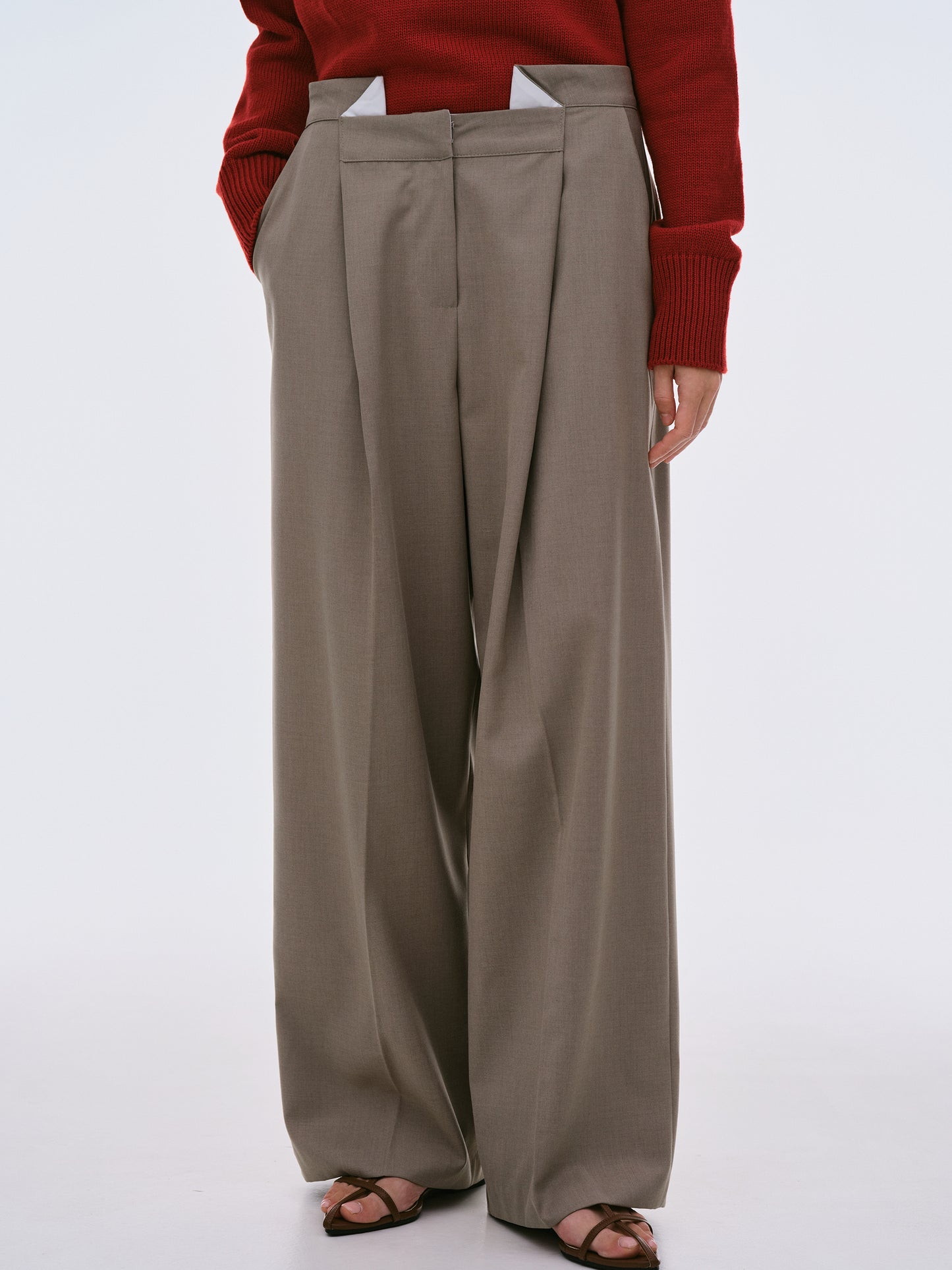 Yves Folded Wool Trousers, Greige