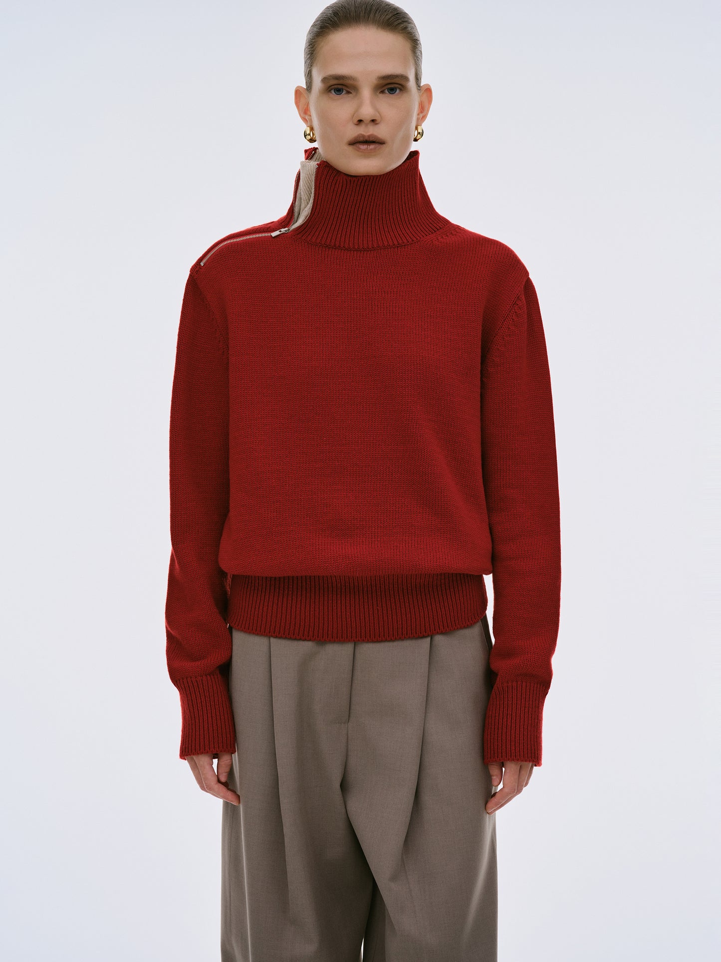 Konny Zip High Neck Jumper, Maroon