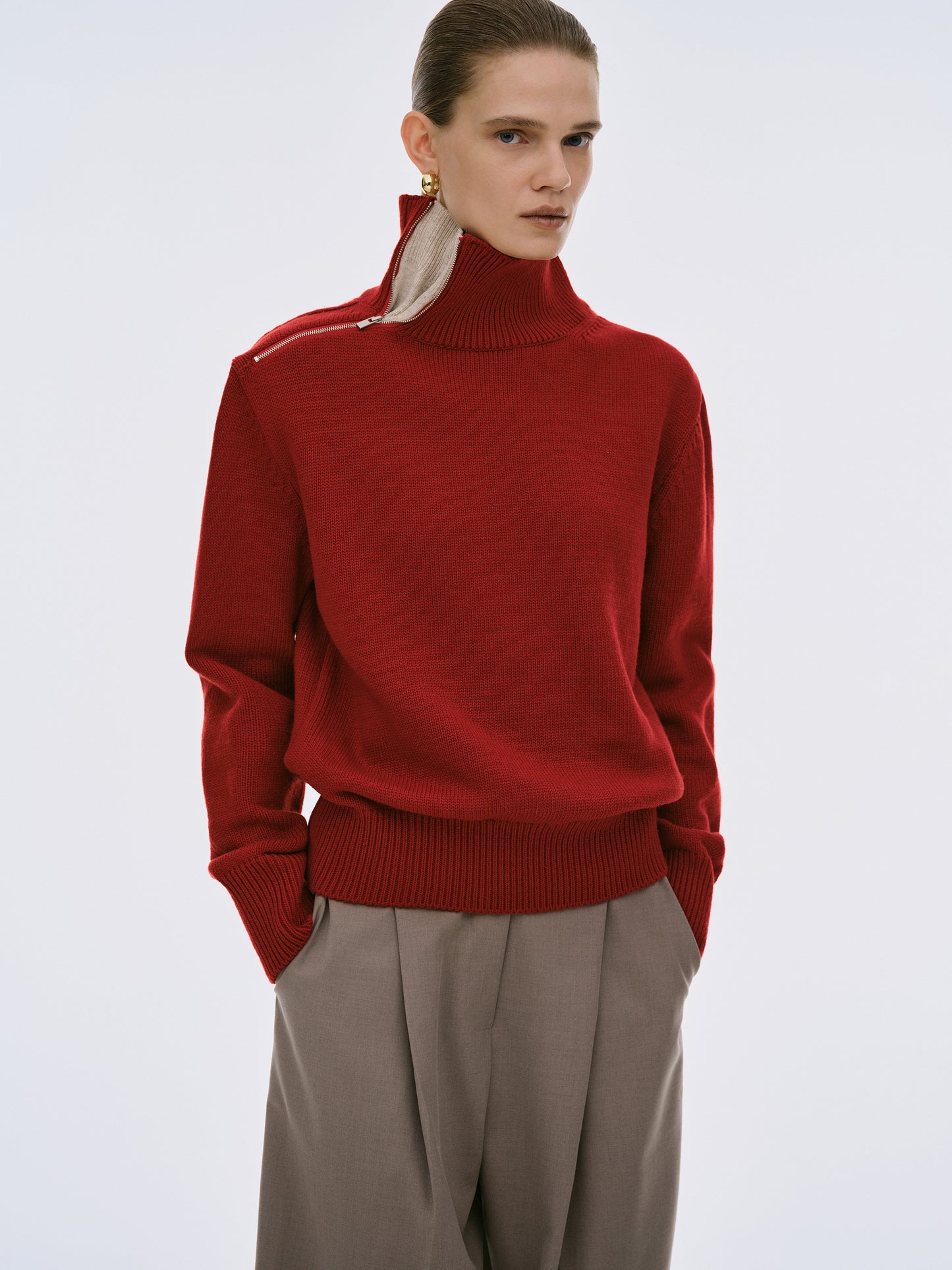 Konny Zip High Neck Jumper, Maroon