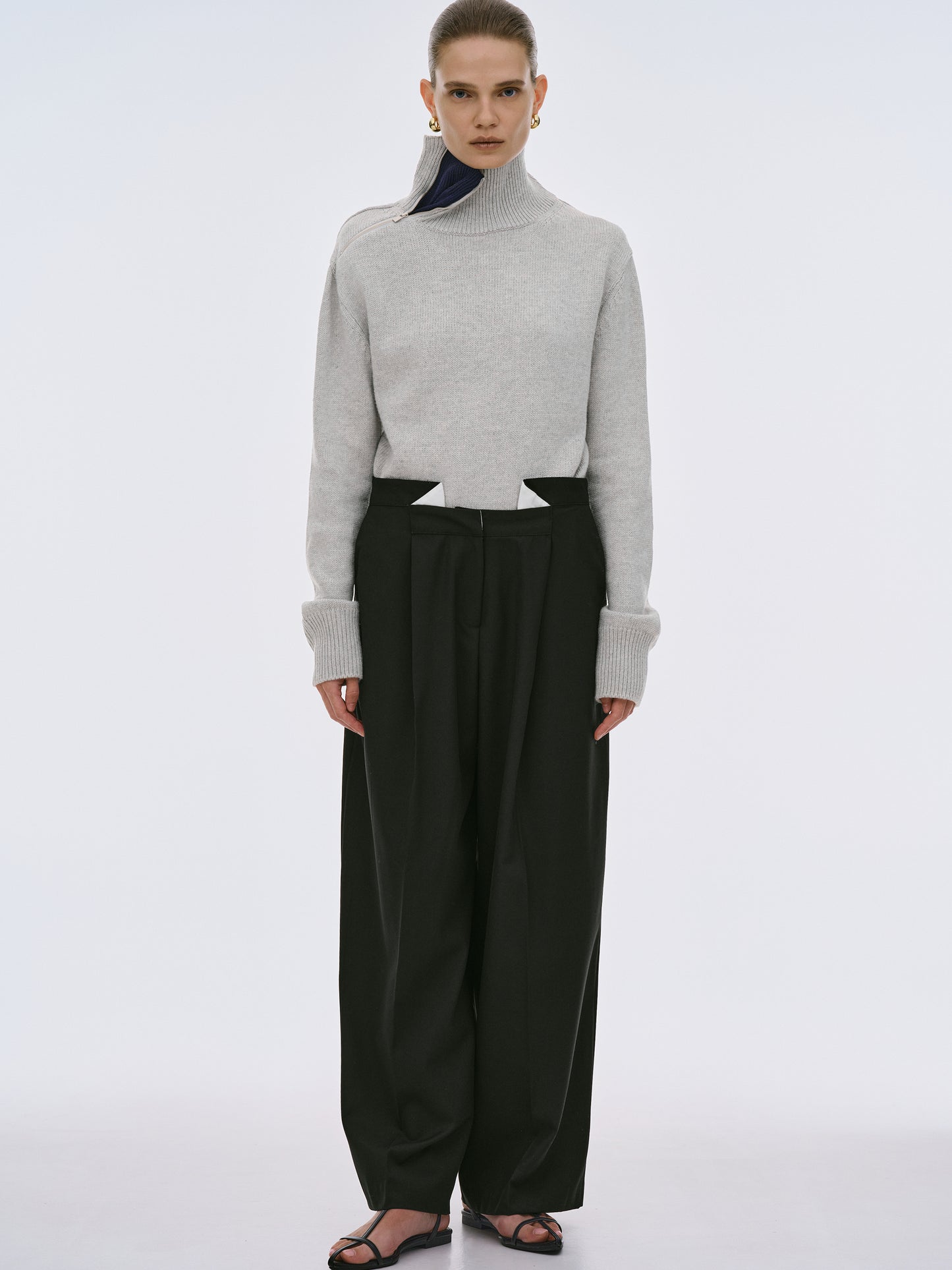 Yves Folded Wool Trousers, Black