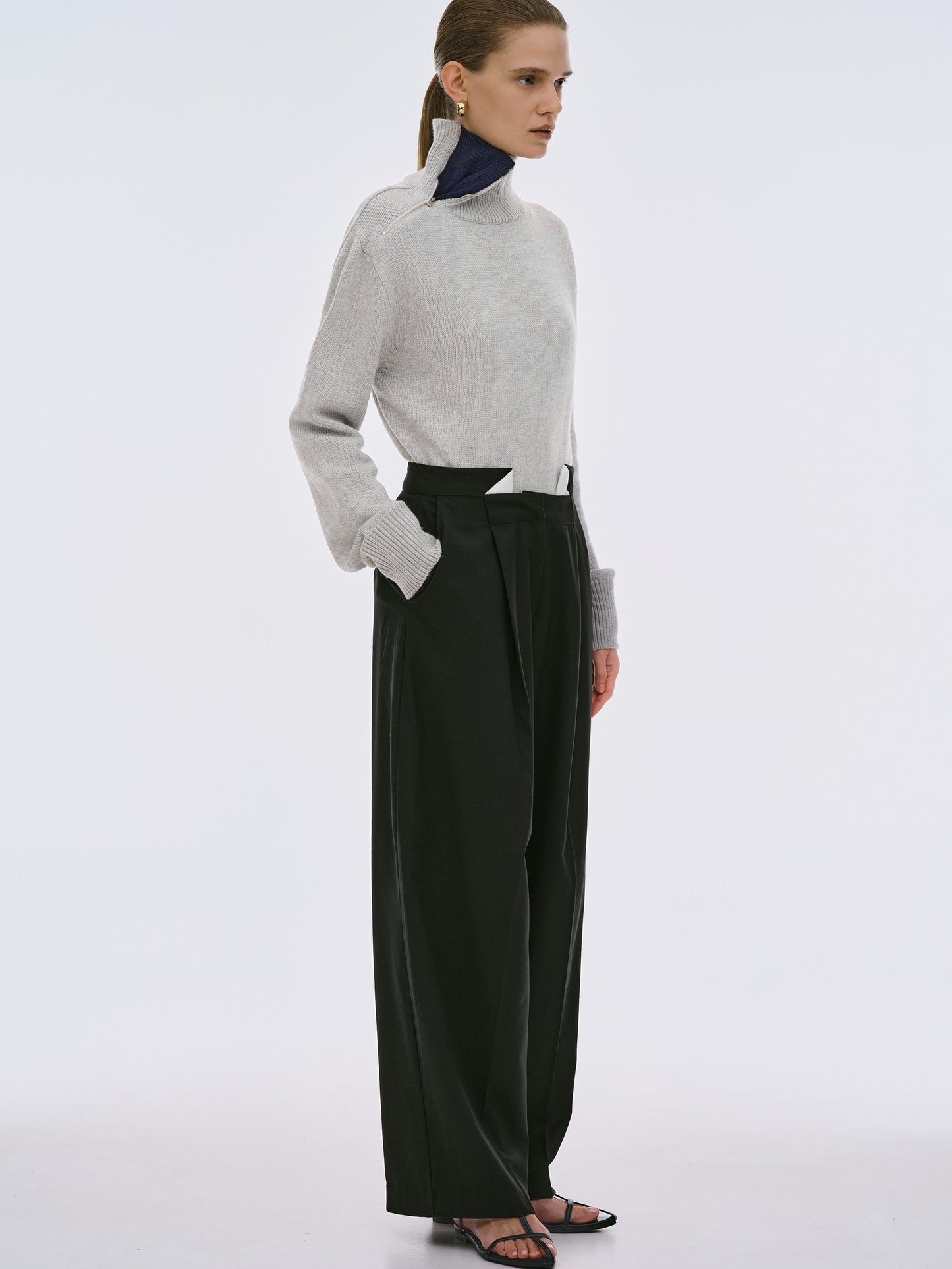 Yves Folded Wool Trousers, Black