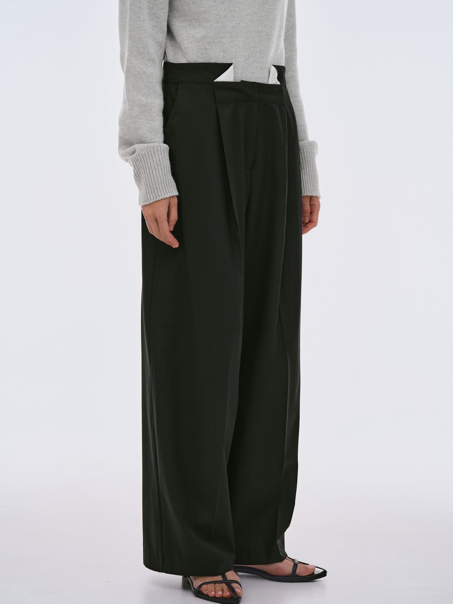Yves Folded Wool Trousers, Black