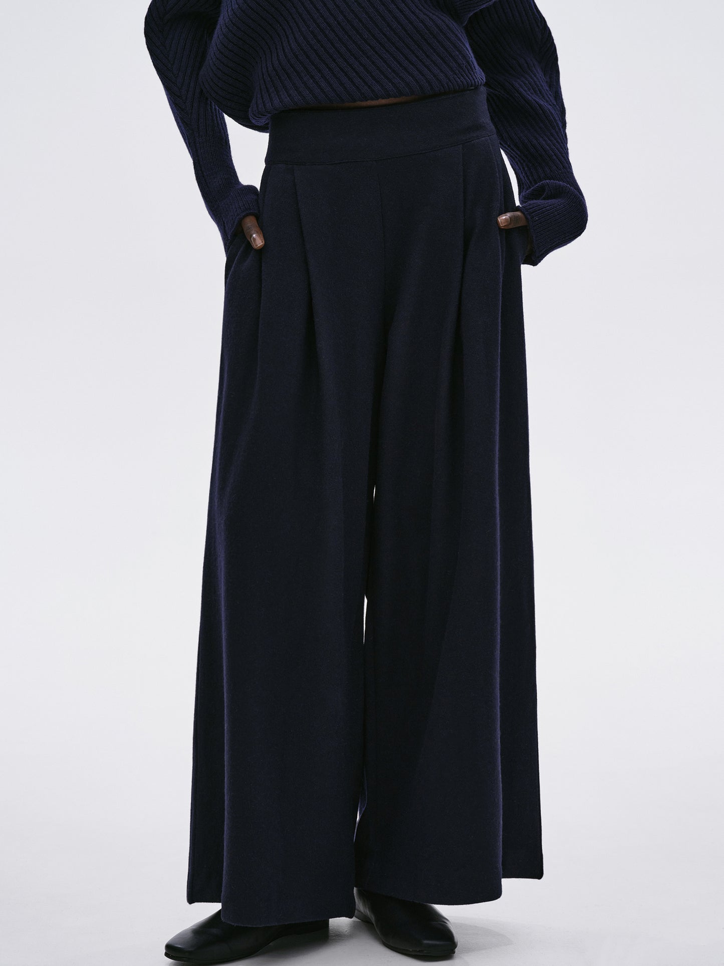 Wide-Leg Wool Trousers, Navy