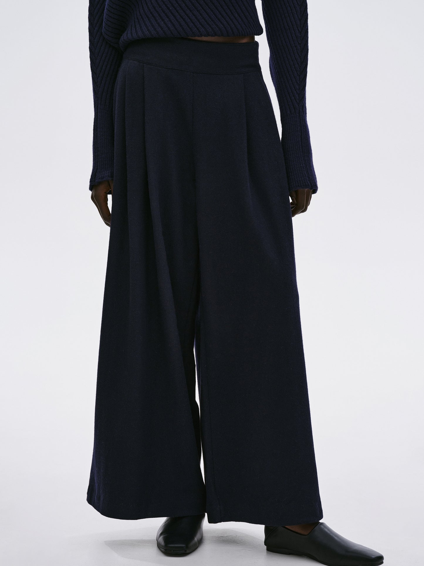 Wide-Leg Wool Trousers, Navy
