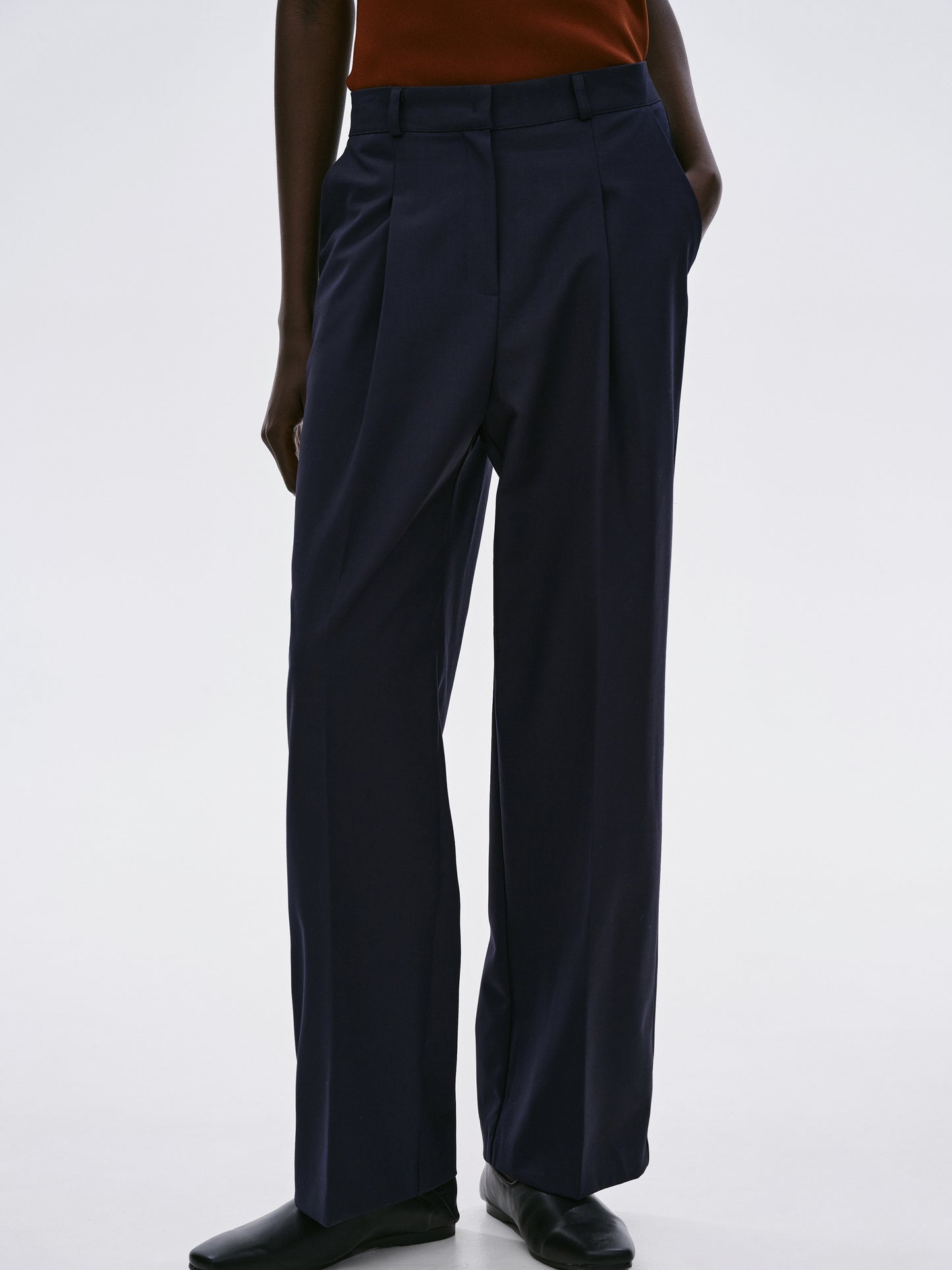Pleated Straight Leg Trousers, Navy