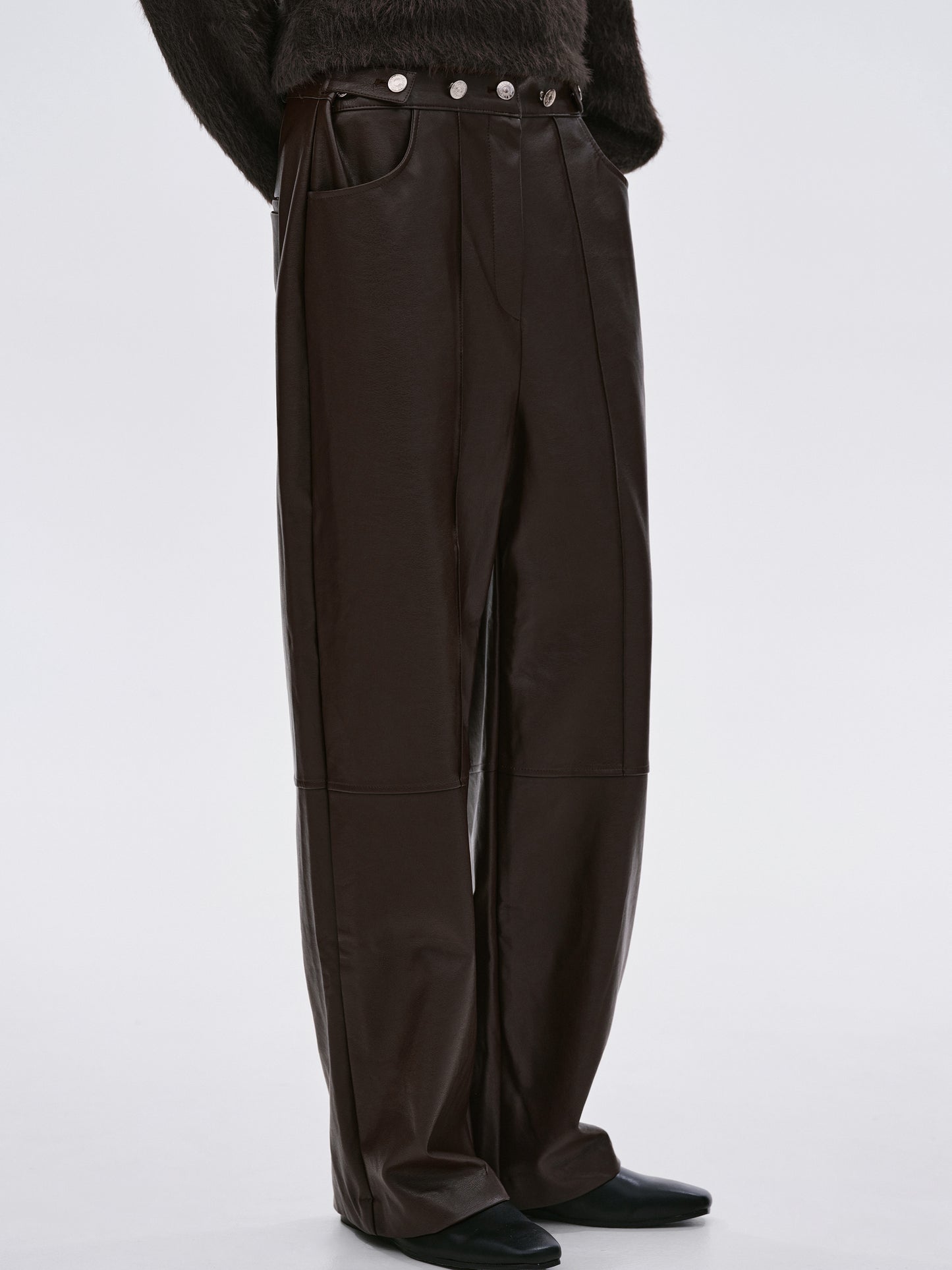 Buttoned Faux Leather Pants, Dark Chocolate