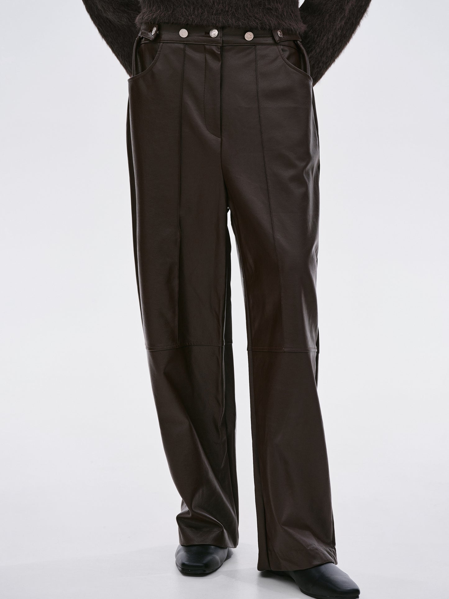 Buttoned Faux Leather Pants, Dark Chocolate