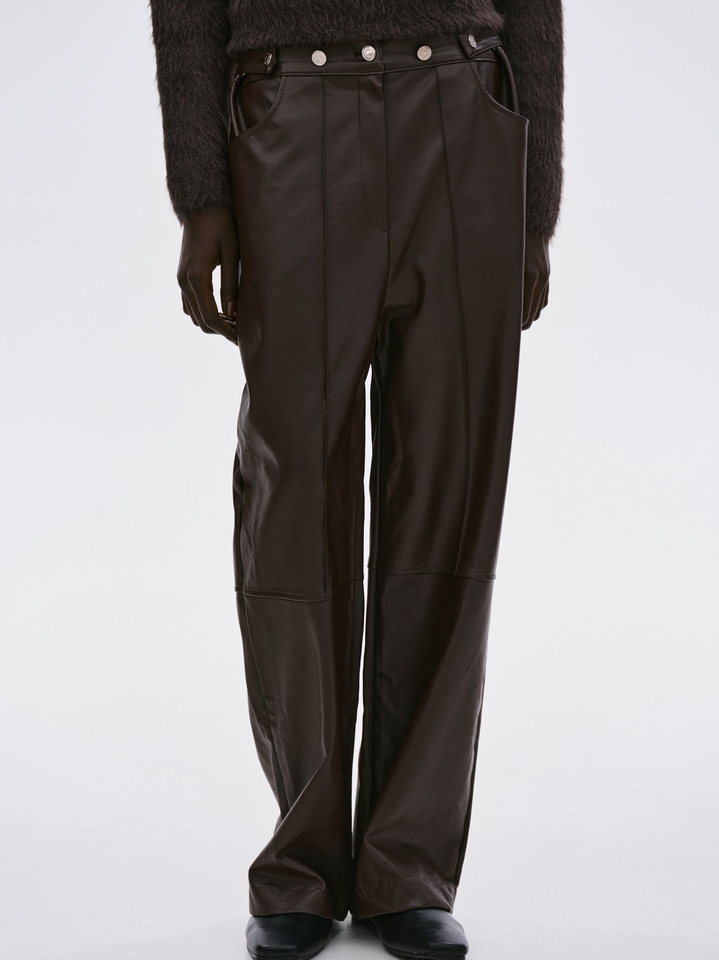 Buttoned Faux Leather Pants, Dark Chocolate