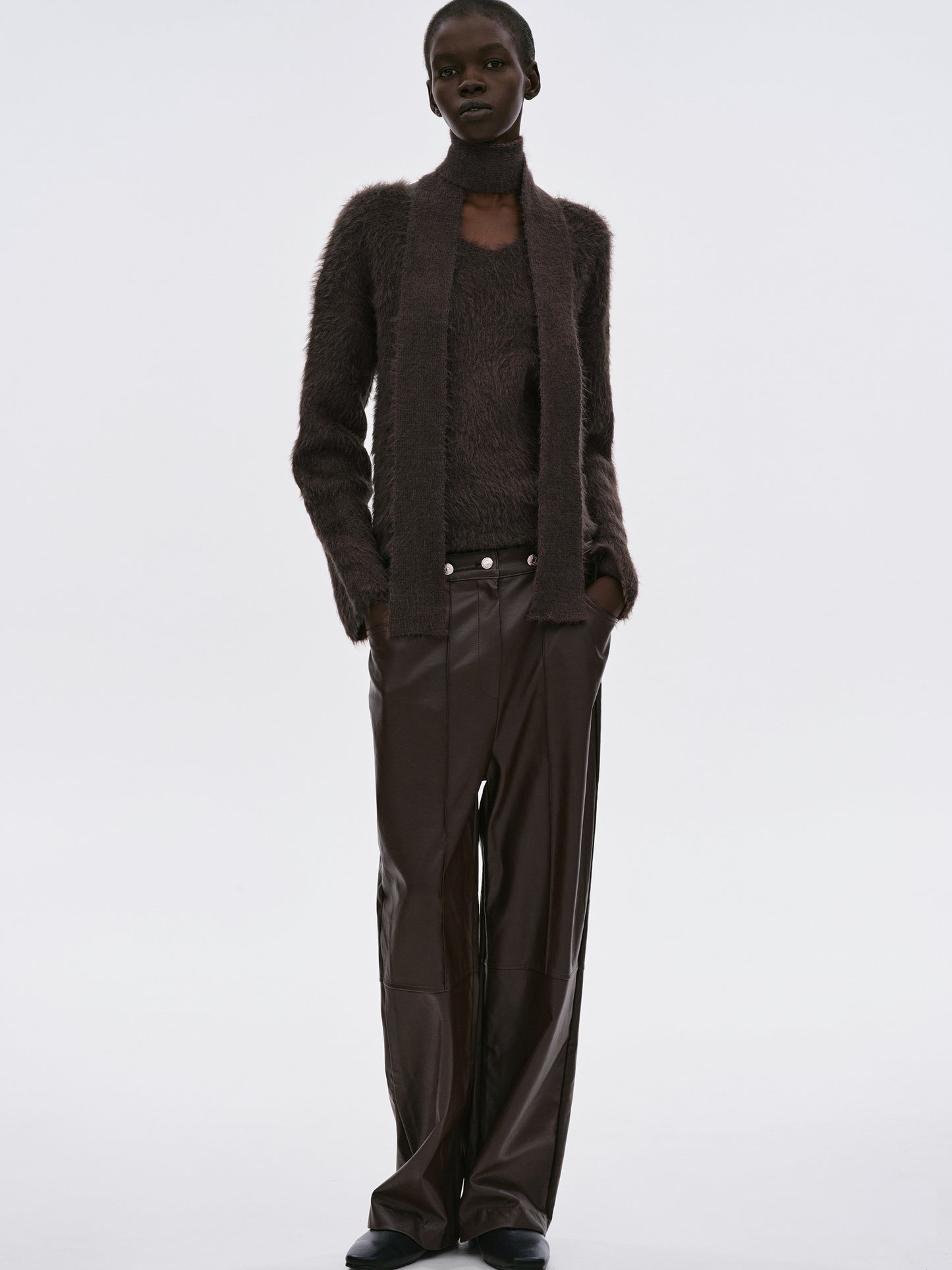 Buttoned Faux Leather Pants, Dark Chocolate