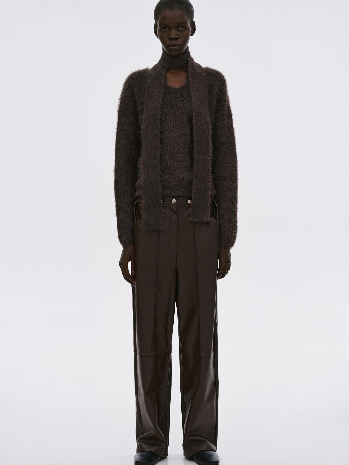 Buttoned Faux Leather Pants, Dark Chocolate