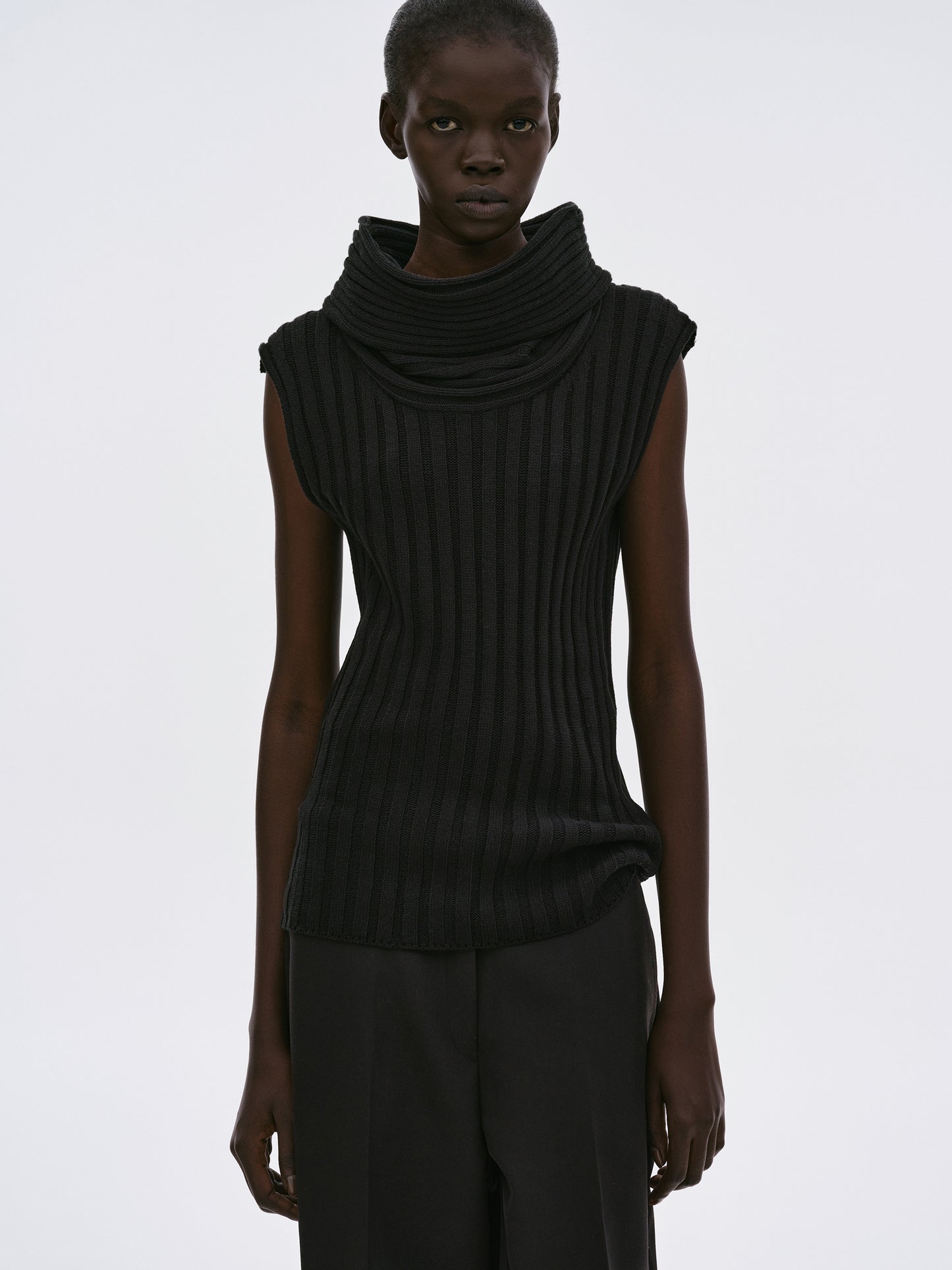 High Roll Cap Knit Top, Black