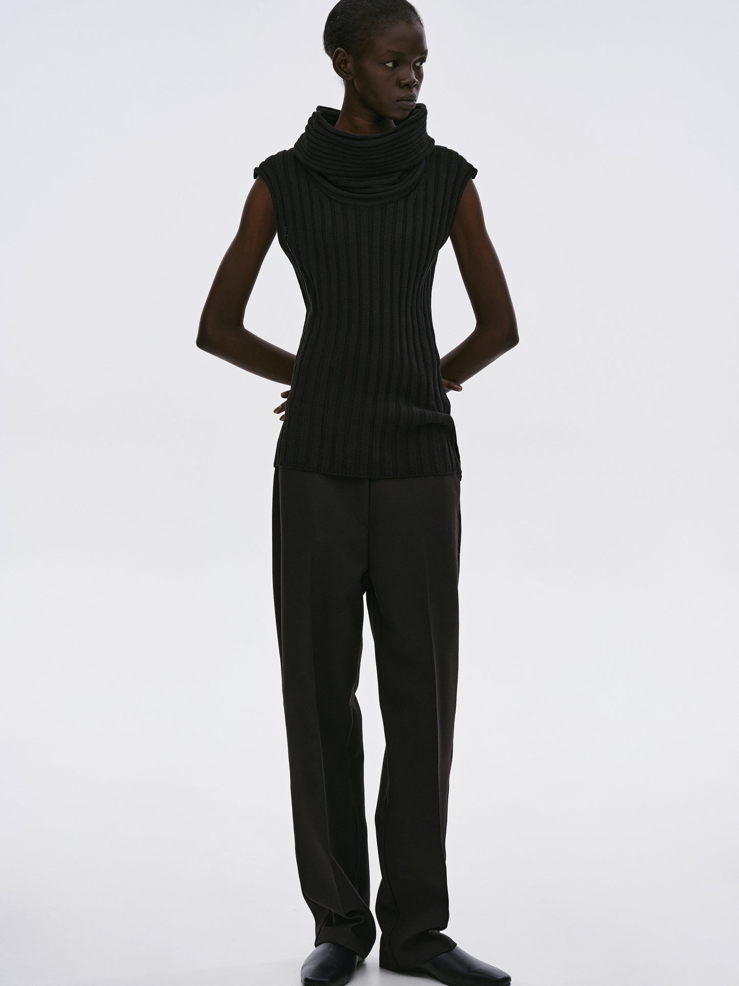 High Roll Cap Knit Top, Black