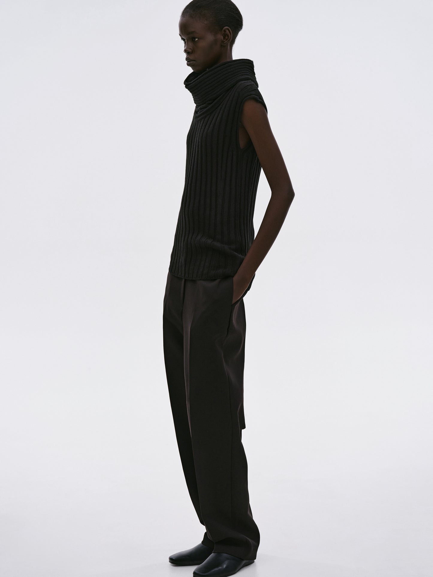 High Roll Cap Knit Top, Black
