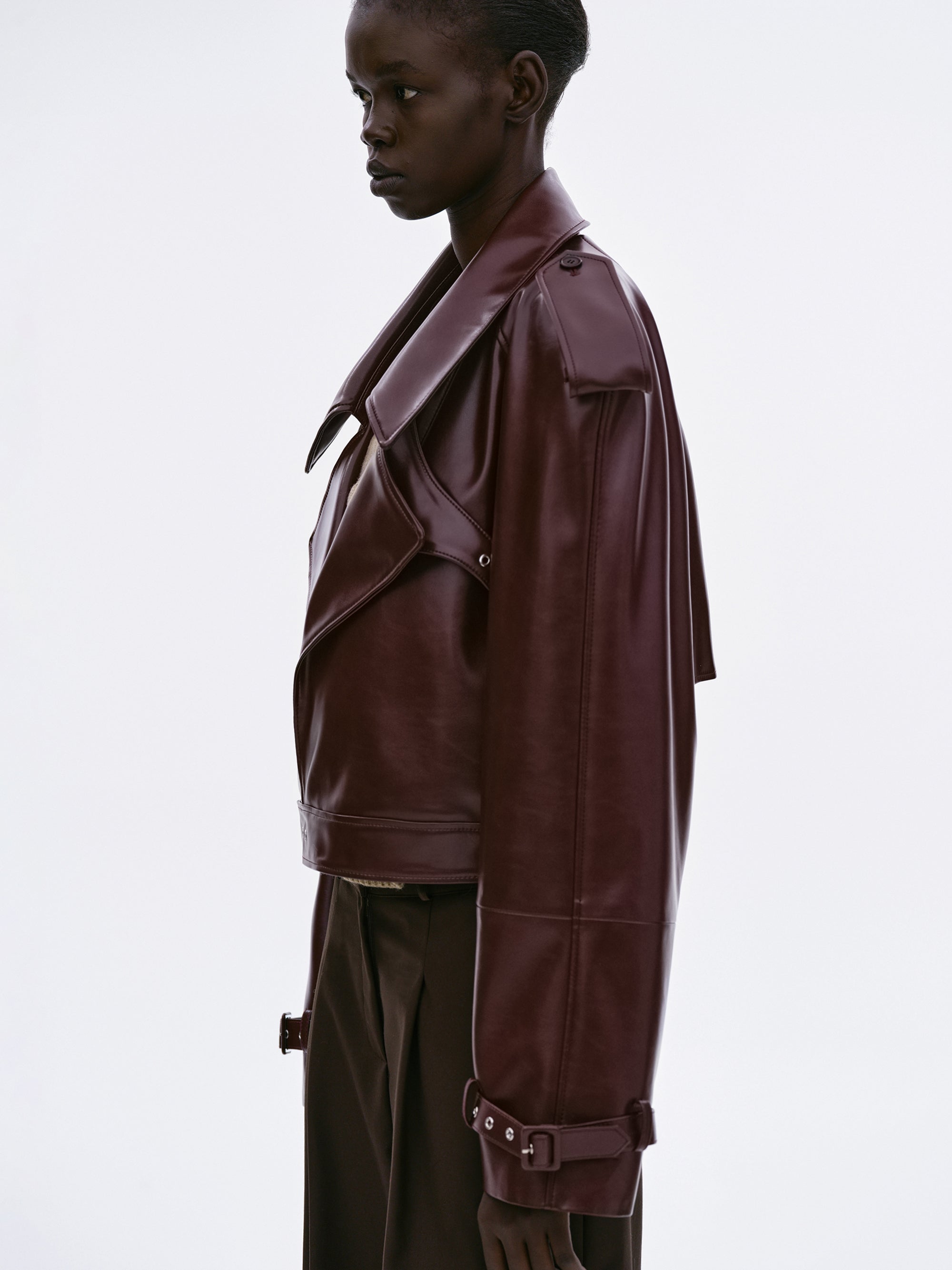 Notan Buckled Faux-Leather Cropped Jacket, Burgundy