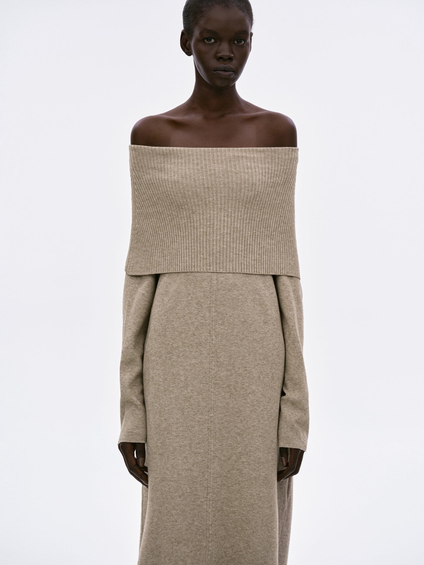 Roll Neck Knitted Dress, Nude Beige