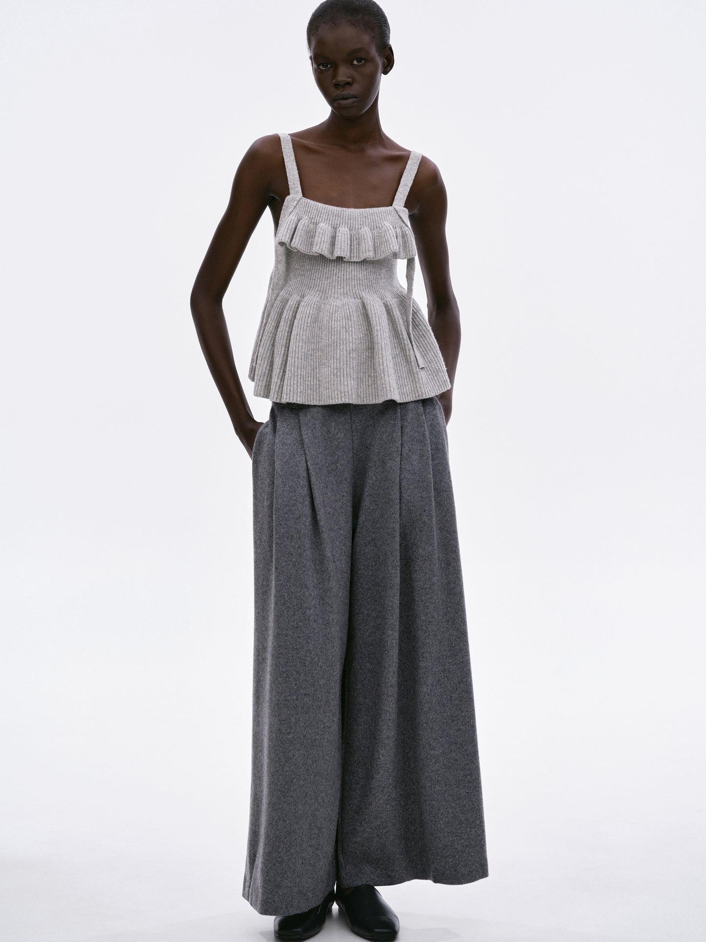 Wide-Leg Wool Trousers, Charcoal