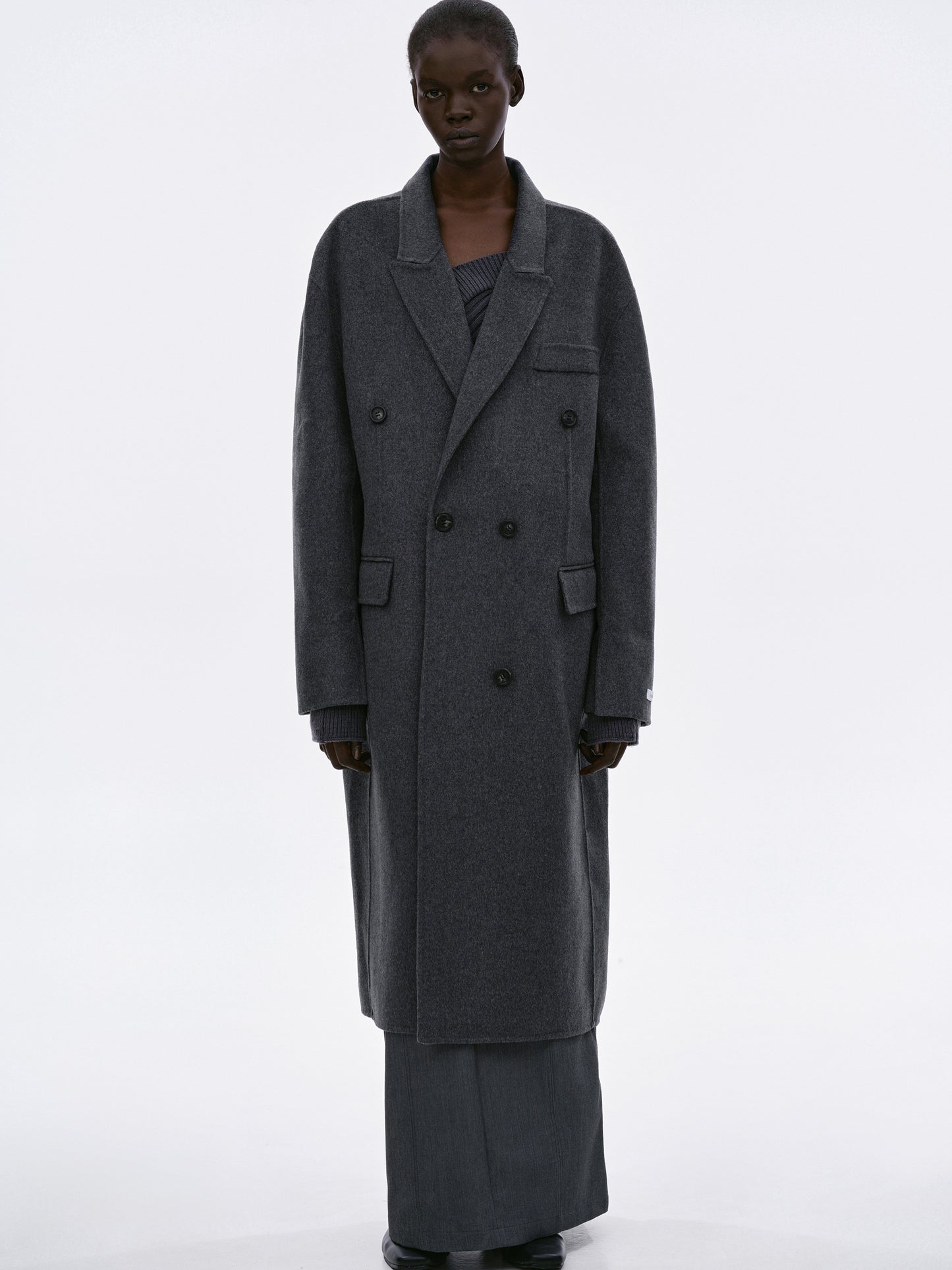 Double Breasted Maxi Wool Coat, Charcoal