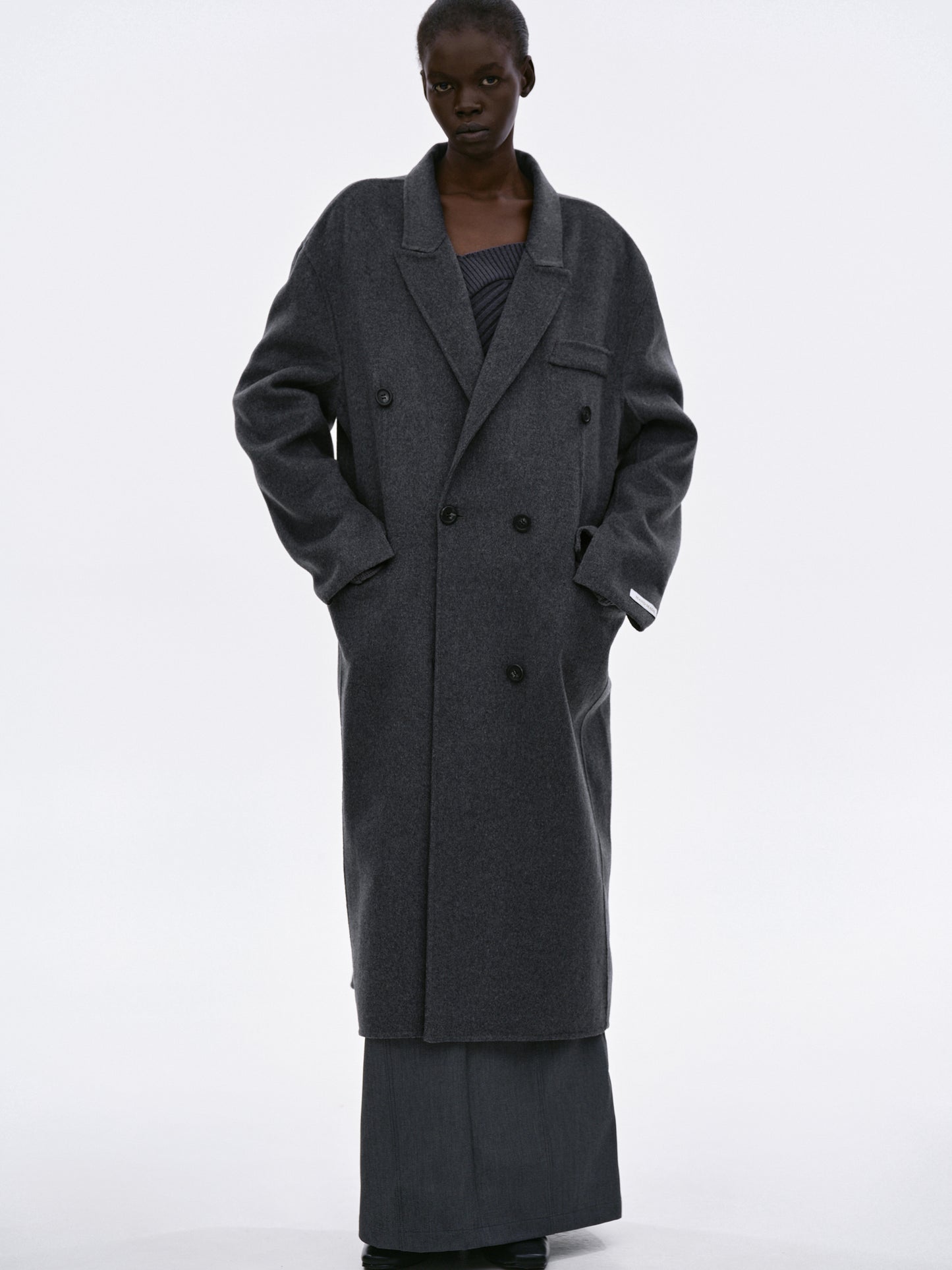 Double Breasted Maxi Wool Coat, Charcoal
