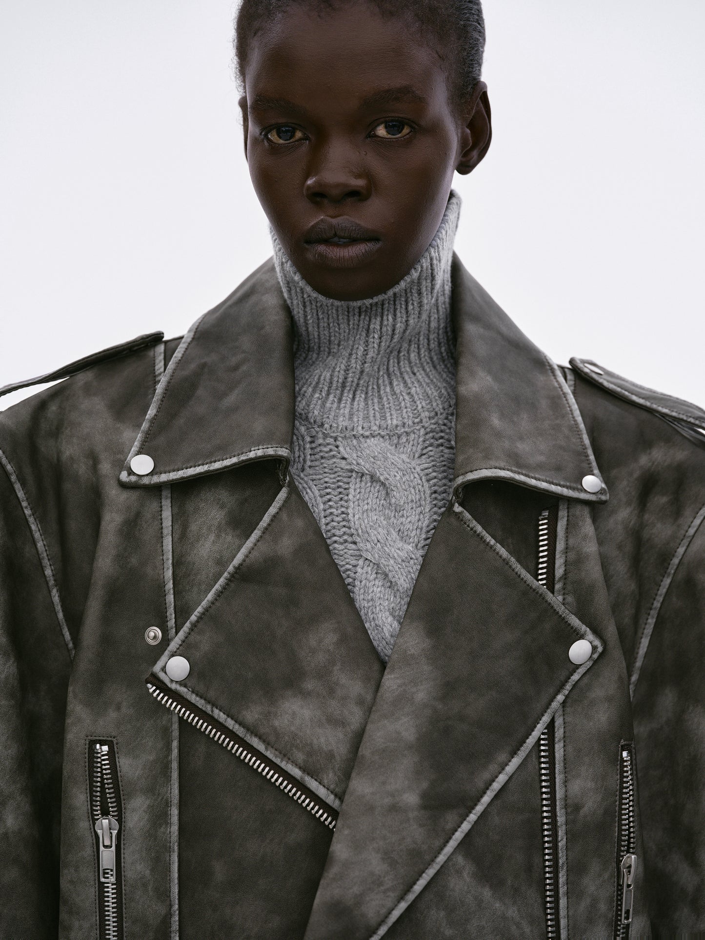 Bianca Faux Leather Biker Jacket, Washed Grey