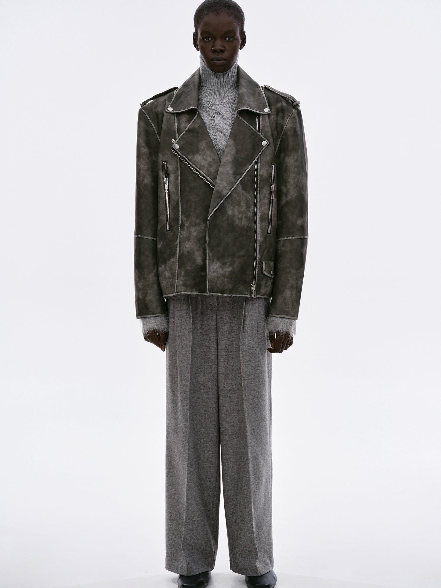 Bianca Faux Leather Biker Jacket, Washed Grey