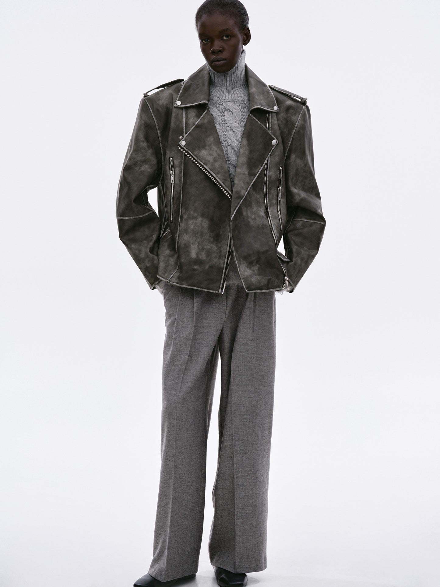 Bianca Faux Leather Biker Jacket, Washed Grey