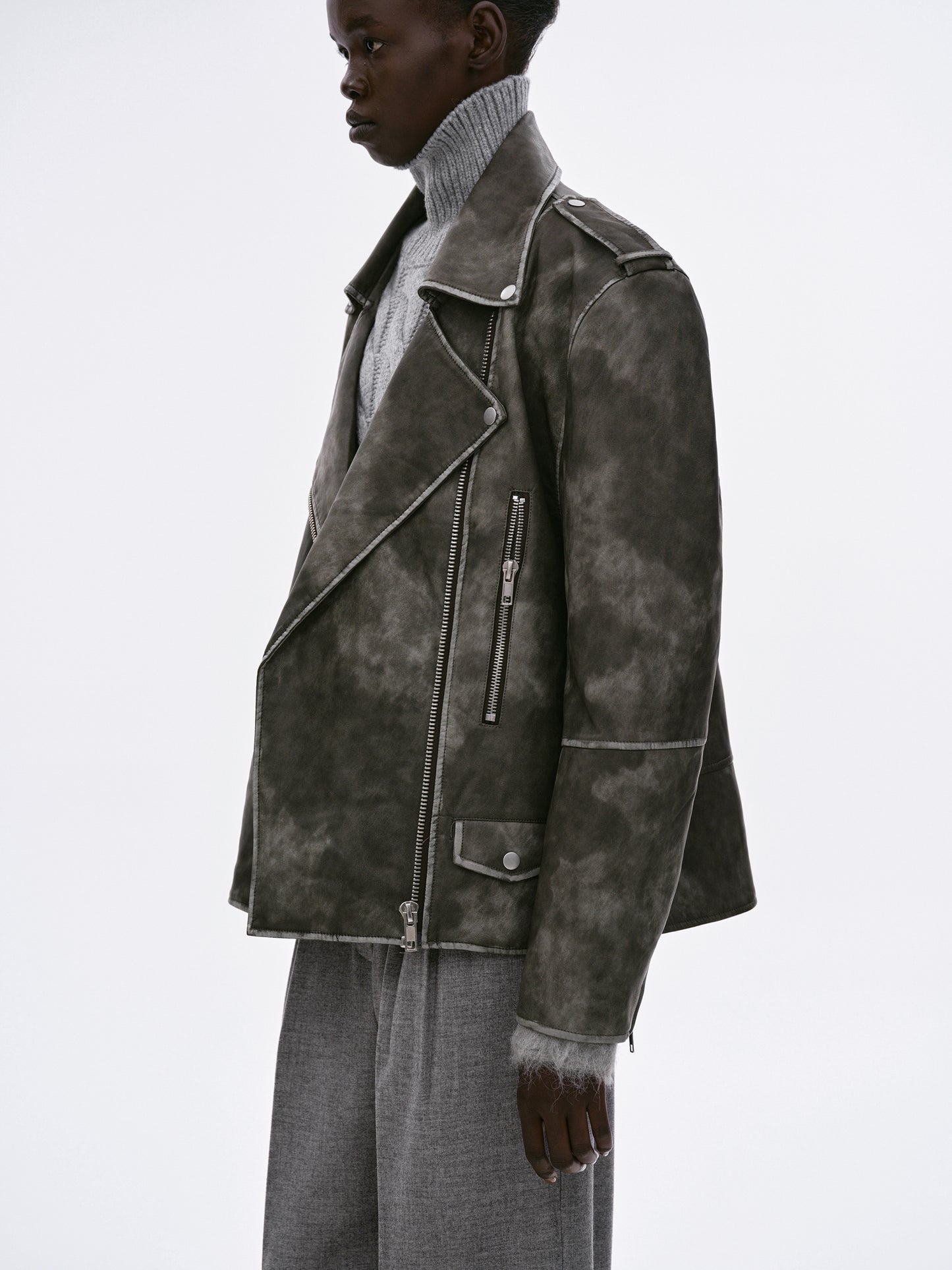 Bianca Faux Leather Biker Jacket, Washed Grey