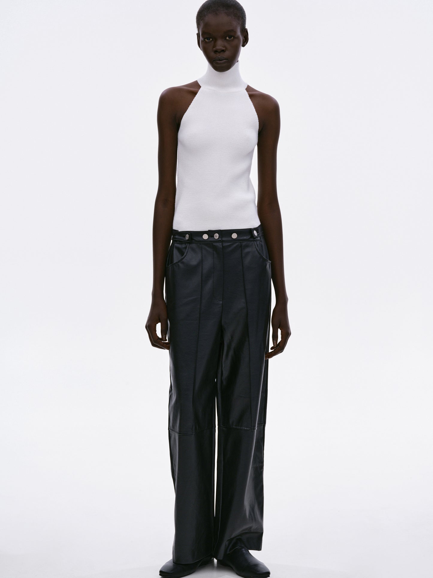 Buttoned Faux Leather Pants, Black