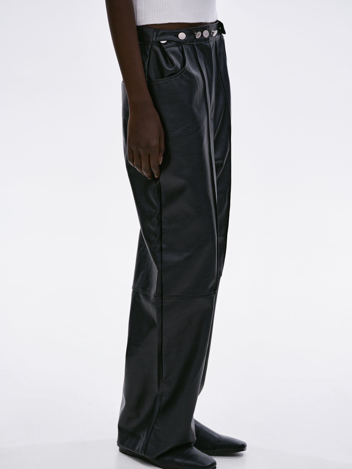 Buttoned Faux Leather Pants, Black