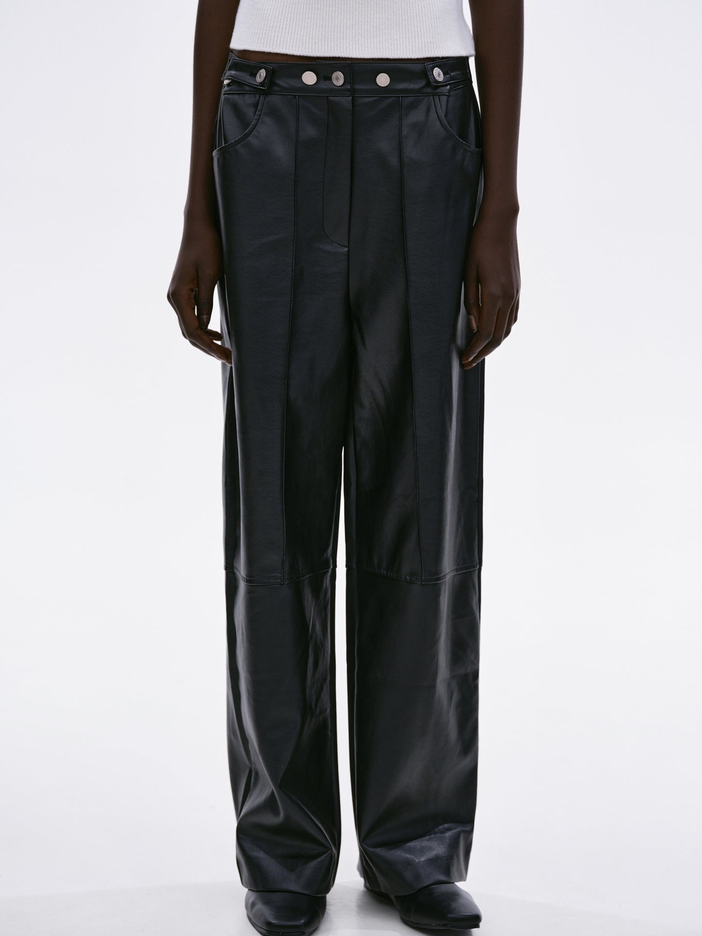 Buttoned Faux Leather Pants, Black