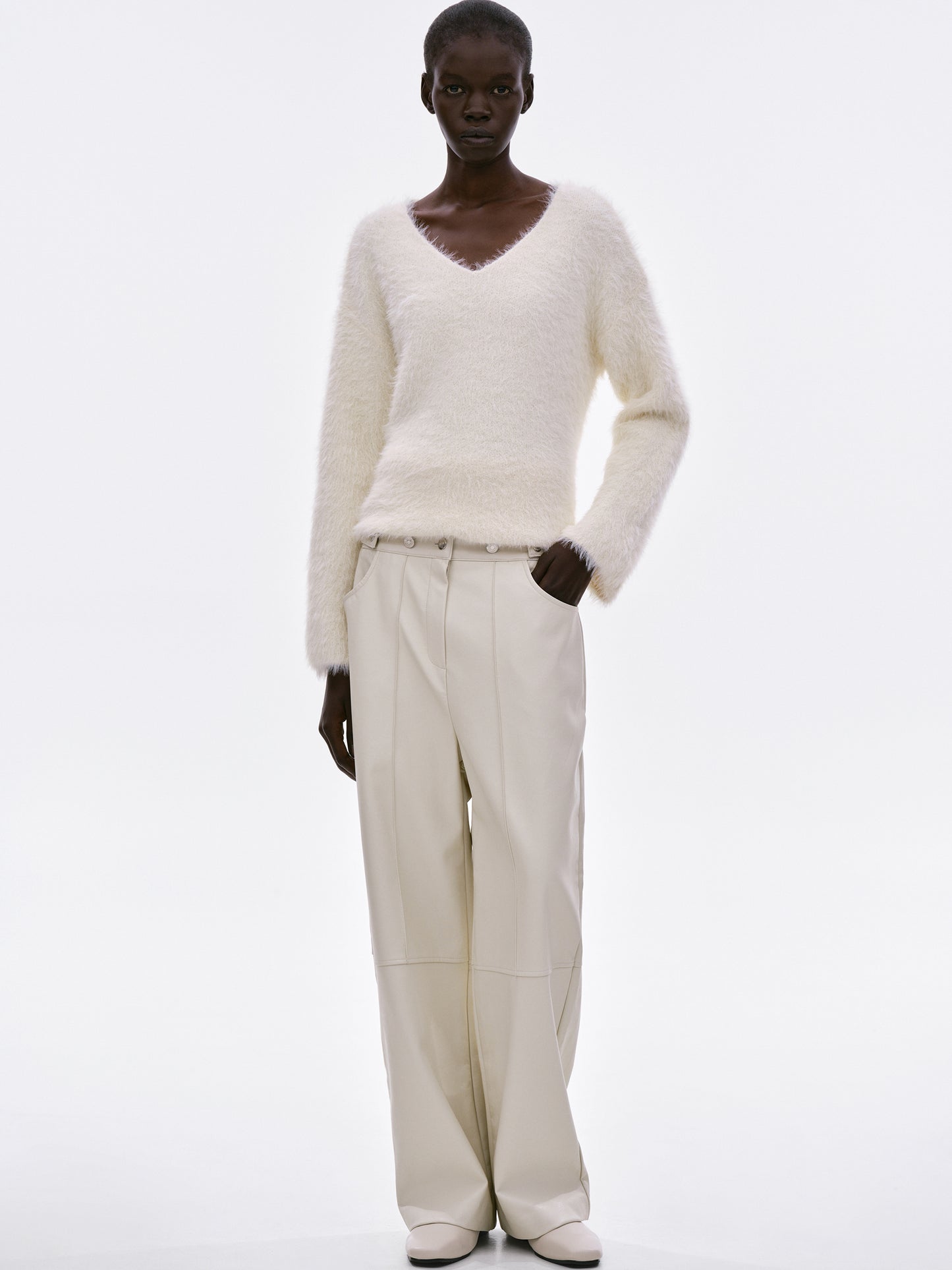 Buttoned Faux Leather Pants, Cream