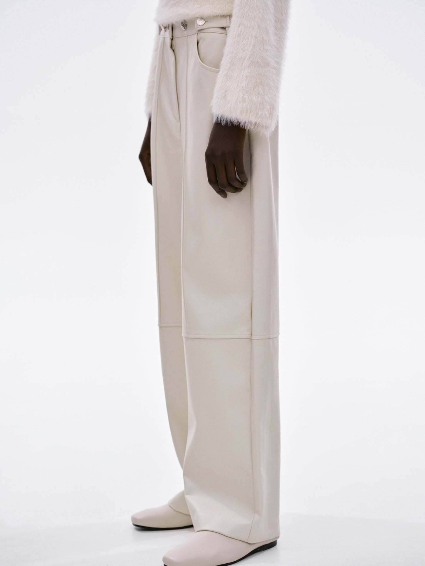 Buttoned Faux Leather Pants, Cream