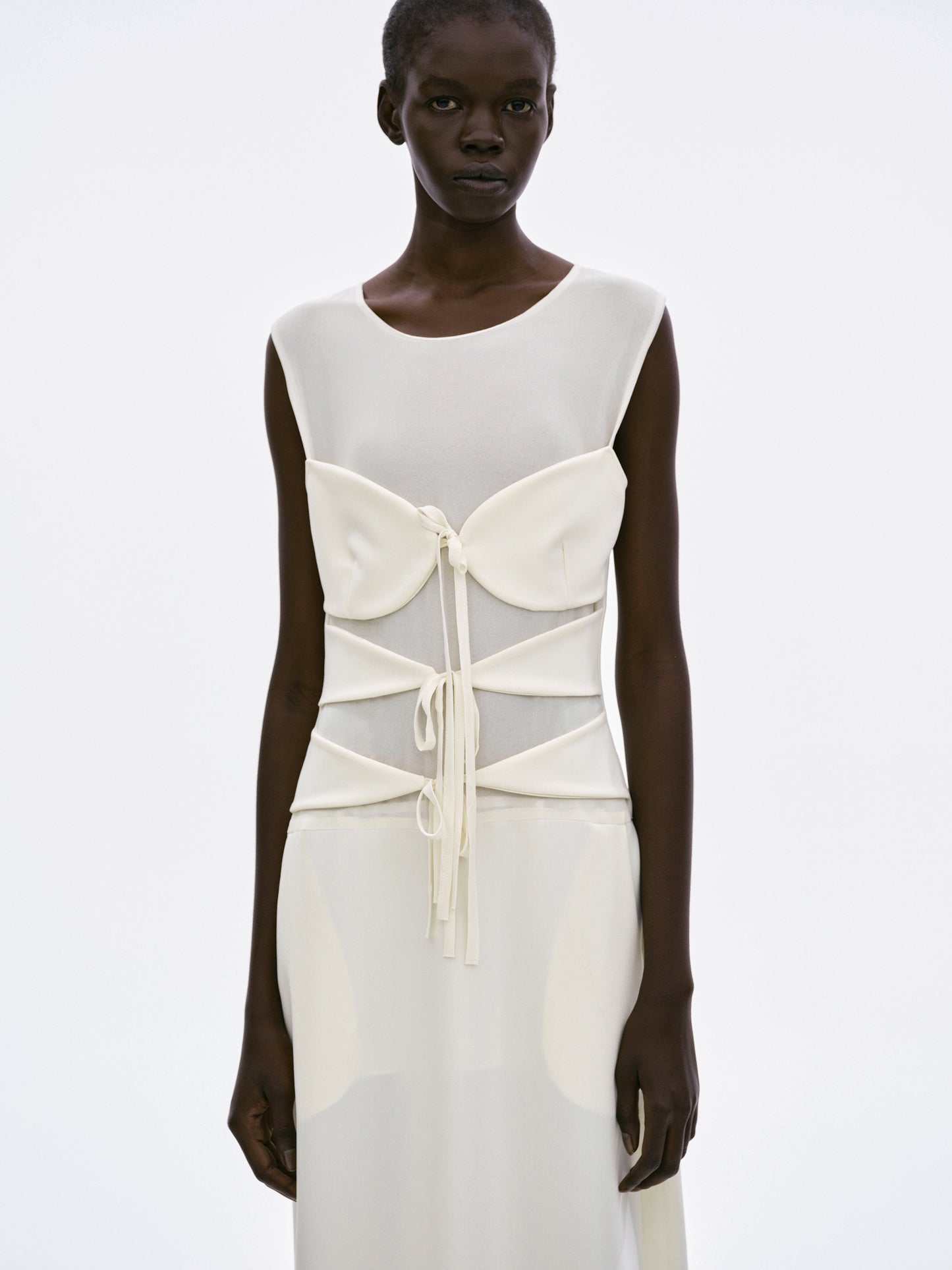 Front-Tie Sheer Maxi Dress, Ivory