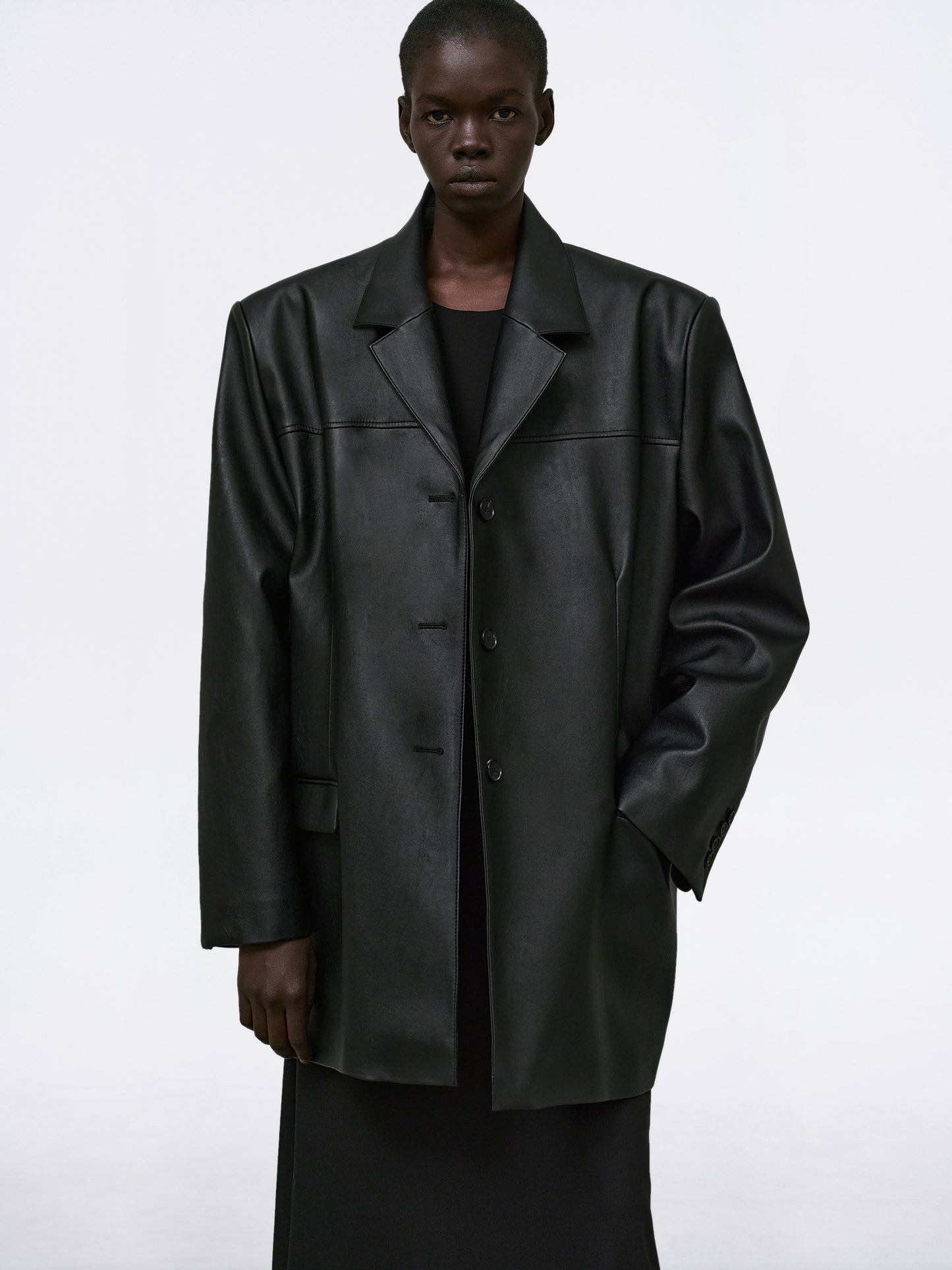 Huto Oversized Leather Blazer, Black