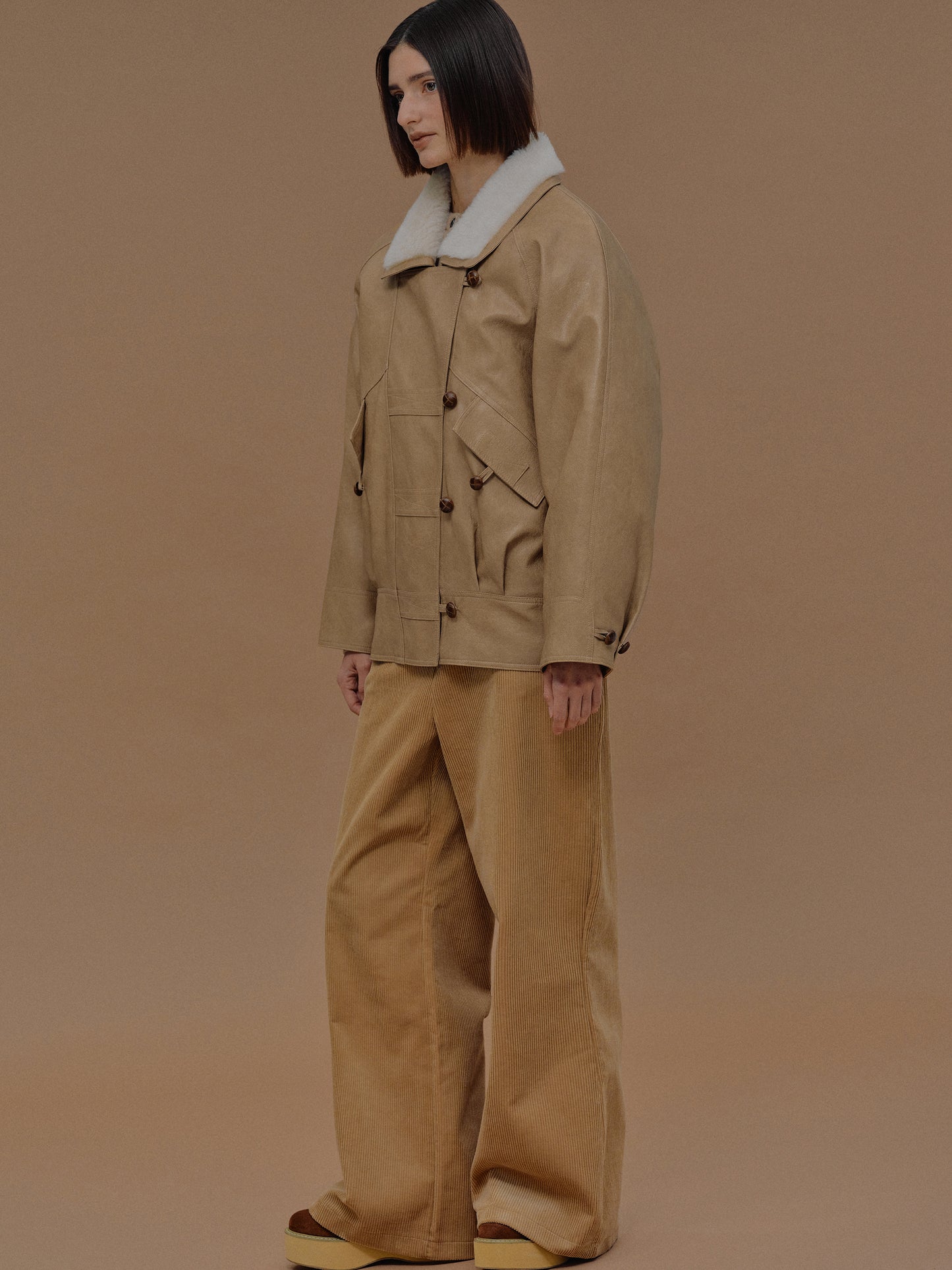 Cicala Shearling Collar Leather Jacket, Nougat