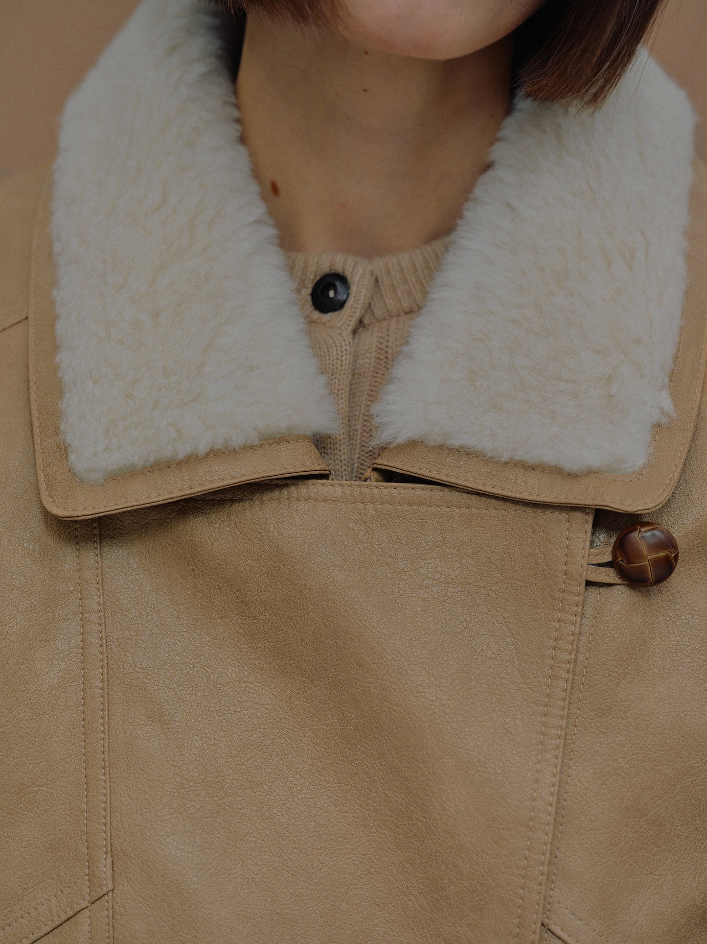 Cicala Shearling Collar Leather Jacket, Nougat