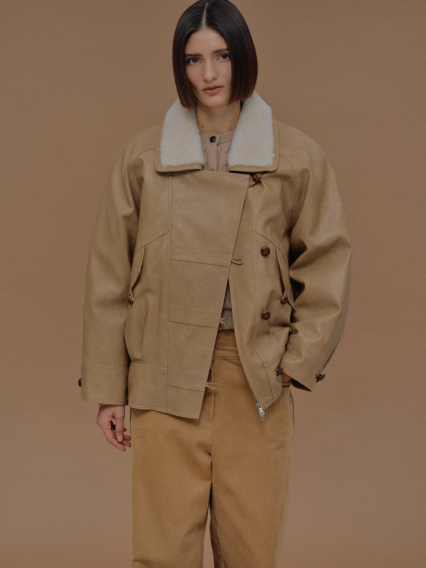 Cicala Shearling Collar Leather Jacket, Nougat